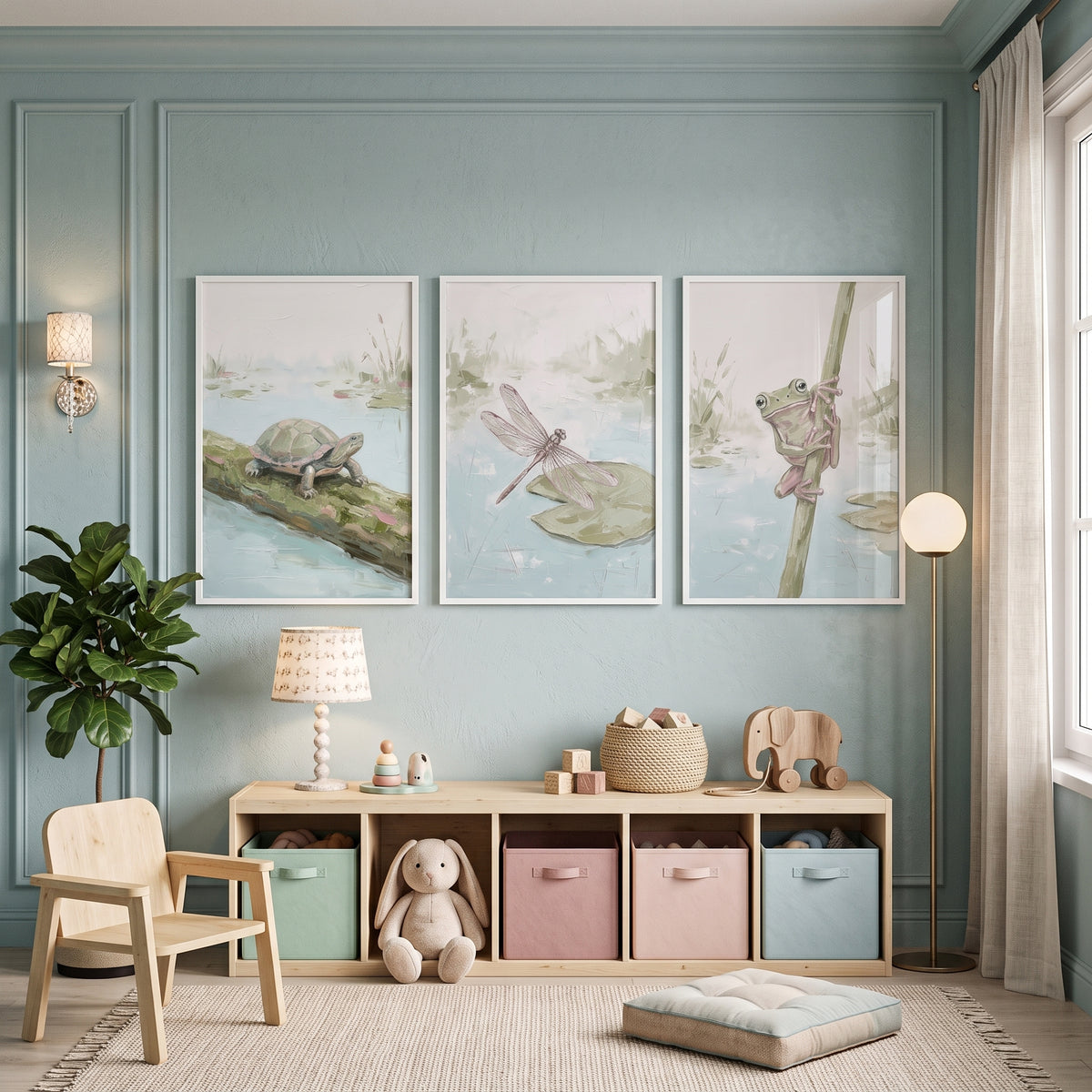 Soft Sage Pond Animals Wall Art Set of 3 - Gentle Marsh Trio