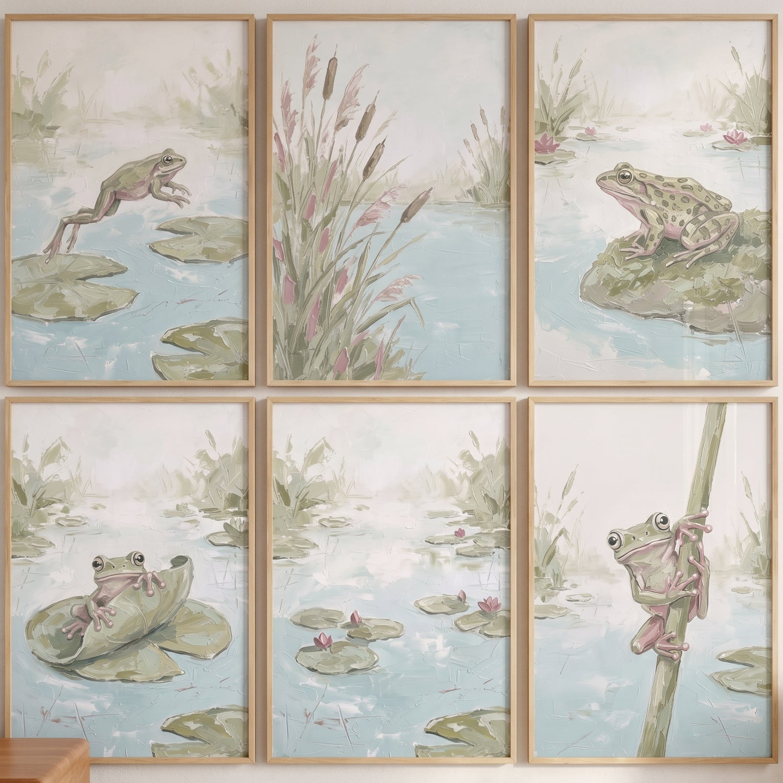 Soft sage pond wall art set of 6 shows frogs jumping, sitting, and climbing on lily pads in muted green and blue hues.