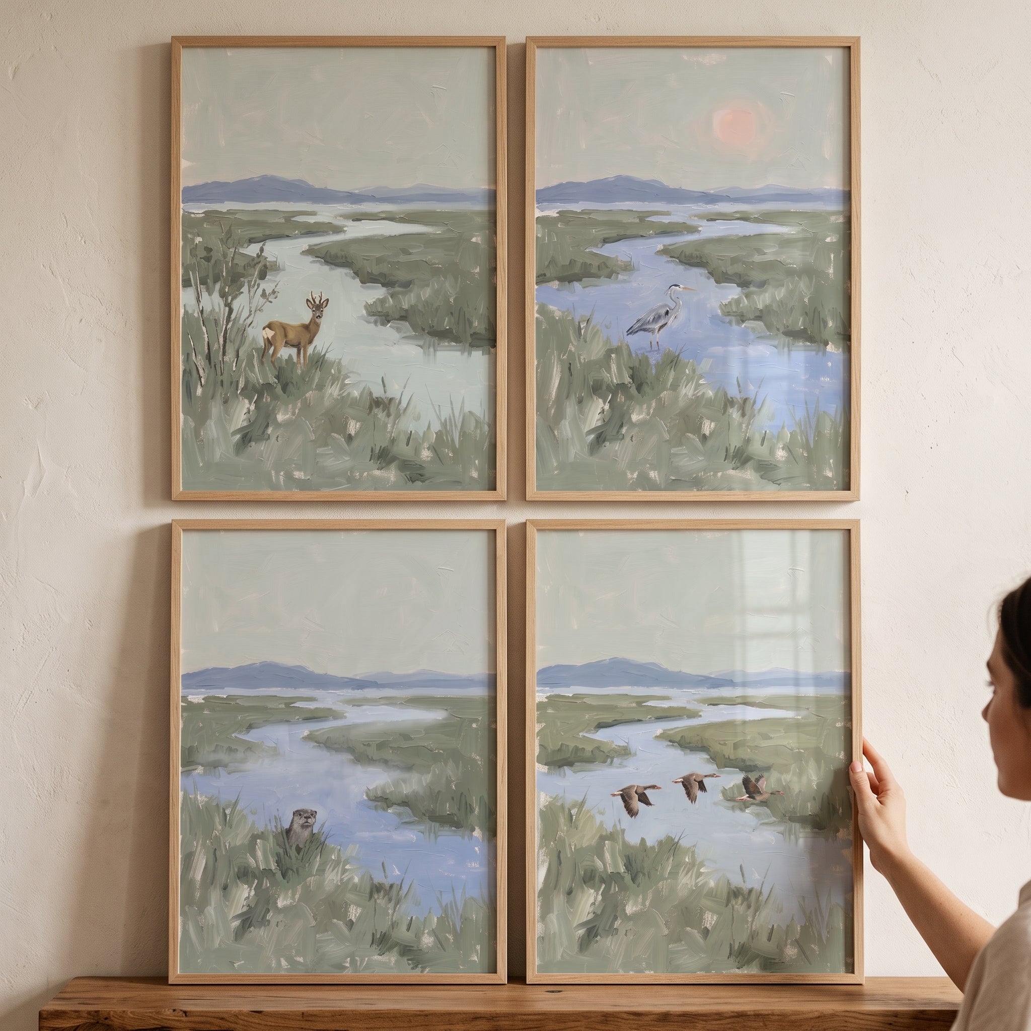 Soft Sage Wetland Animals Wall Art Set of 4 - Marshland Wildlife Series