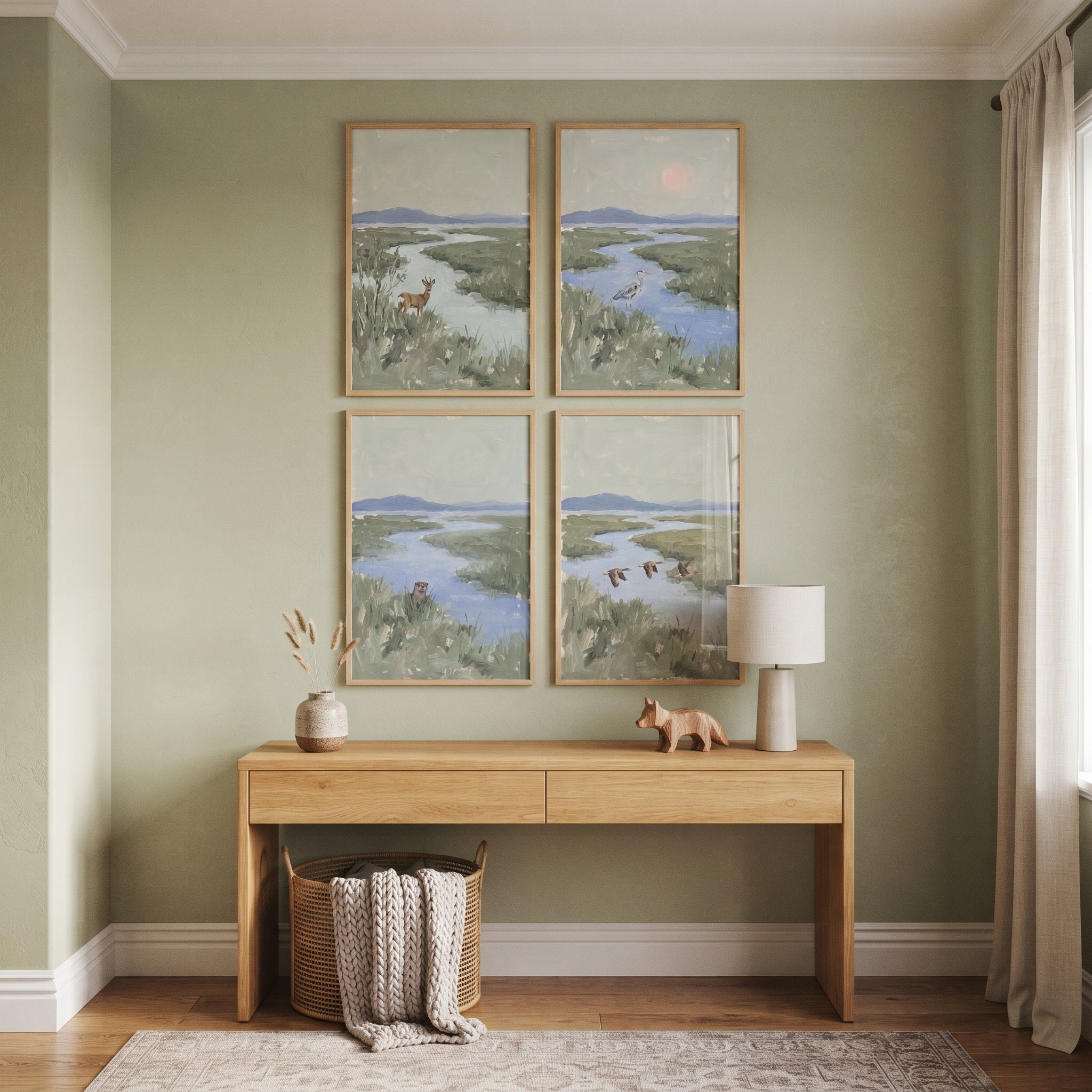 Soft Sage Wetland Animals Wall Art Set of 4 - Marshland Wildlife Series