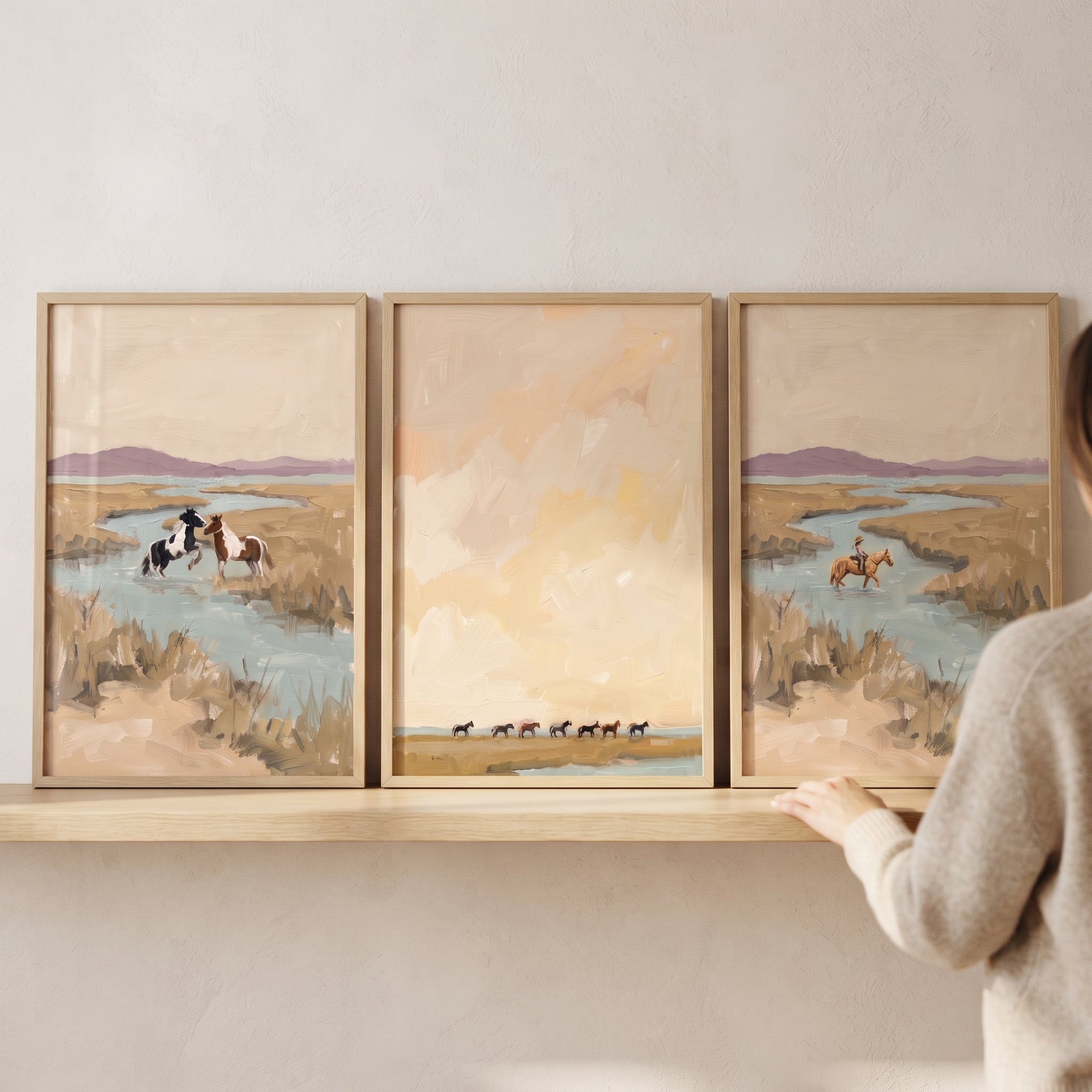 Soft Sage Wetland Horses Wall Art Set of 3 - Serene River Crossing