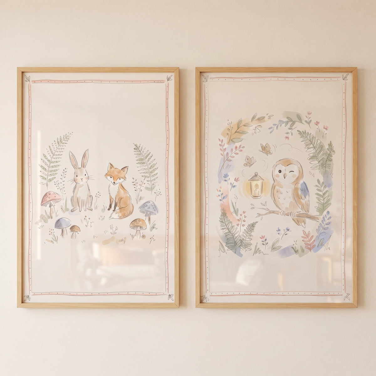 Soft Sage Woodland Animal Wall Art Set of 2 - Gentle Nursery Scenes