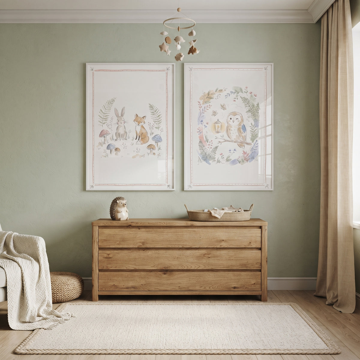 Soft Sage Woodland Animal Wall Art Set of 2 - Gentle Nursery Scenes