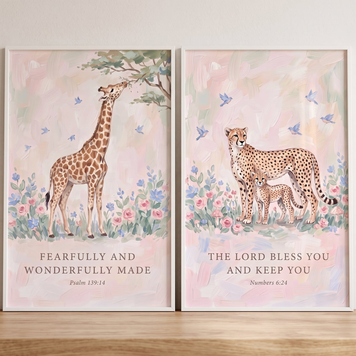 Soft scripture safari animals wall art set of 2 featuring a giraffe and cheetah family with bible verses in pastel hues.