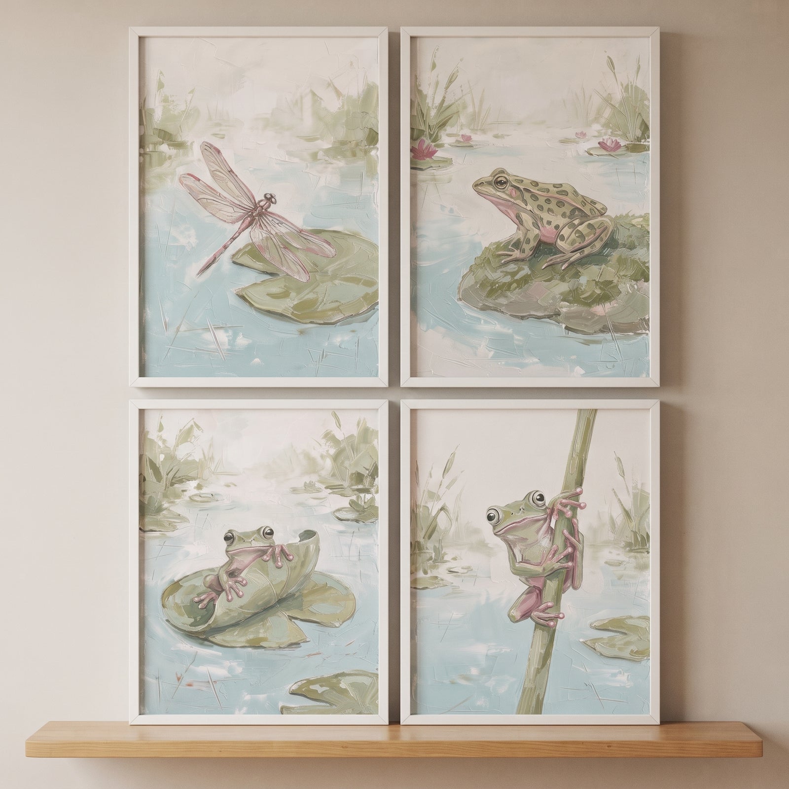 Soft serene pond animals wall art set of 4 features framed frog and dragonfly artwork above a light wood shelf.