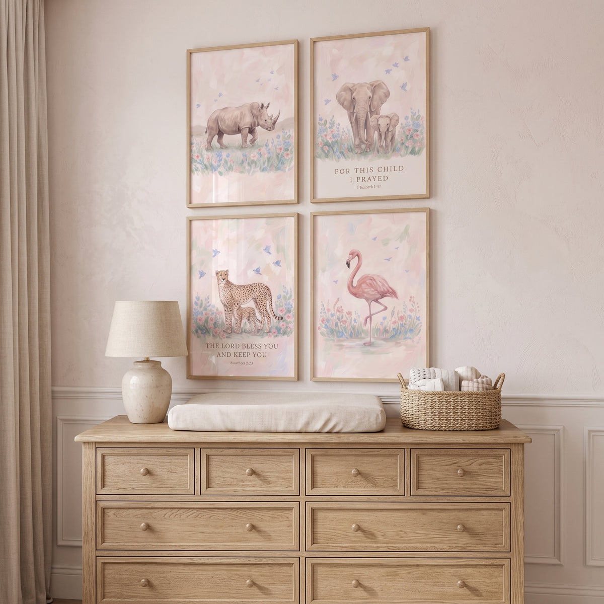 Soft Songbird Savanna Animals Wall Art Set Of 4 - Gentle Safari Blessings