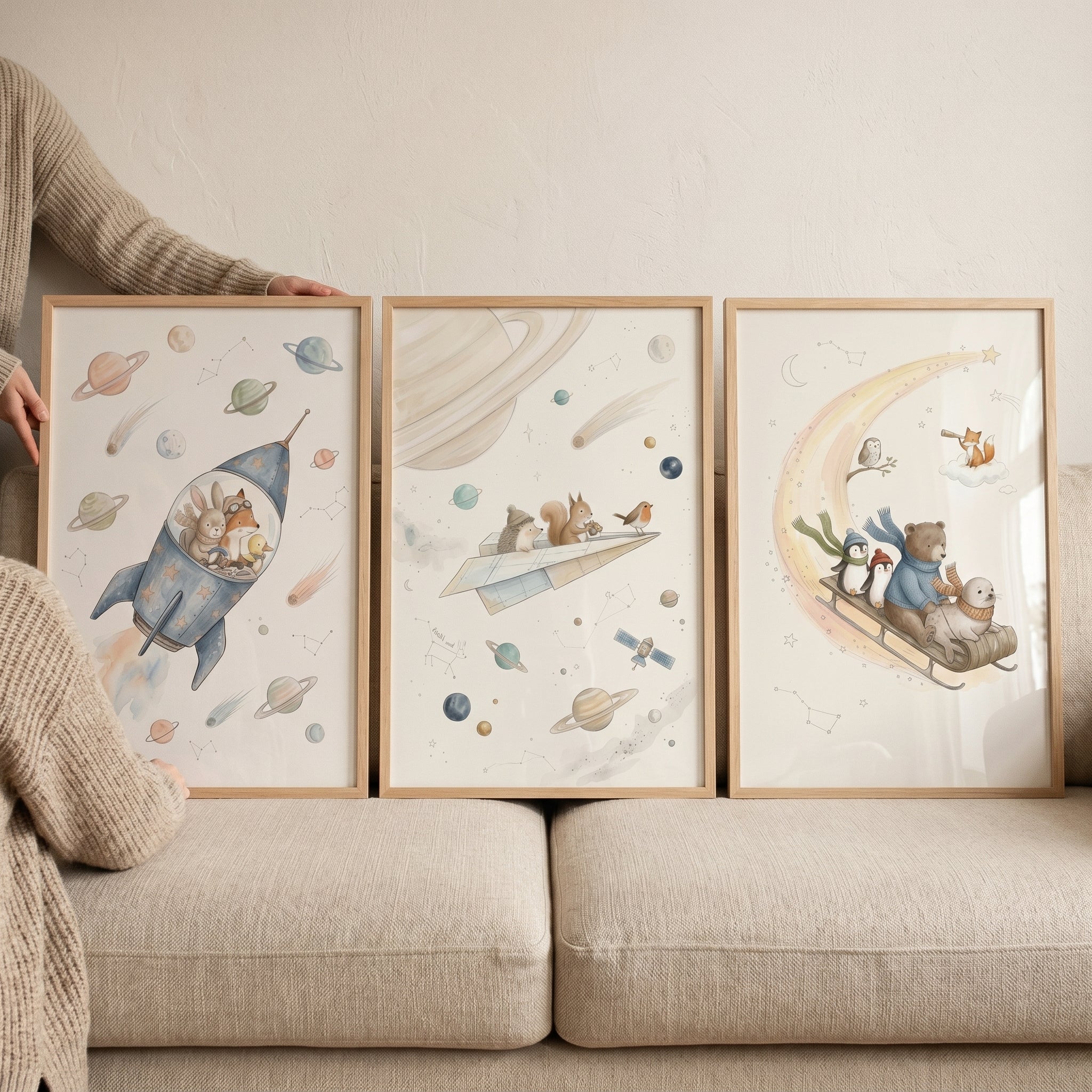 Soft Starlit Journey Animals Wall Art Set of 3 - Stellar Animal Adventures