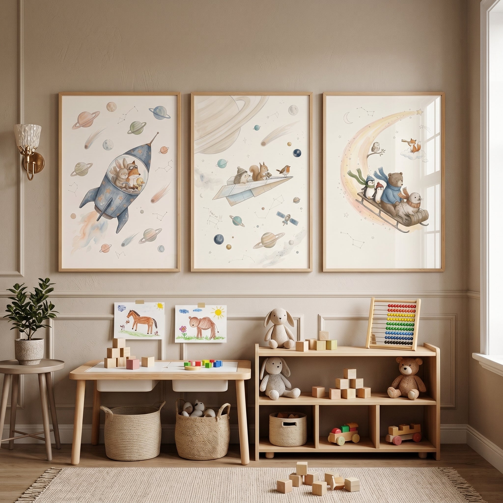Soft Starlit Journey Animals Wall Art Set of 3 - Stellar Animal Adventures