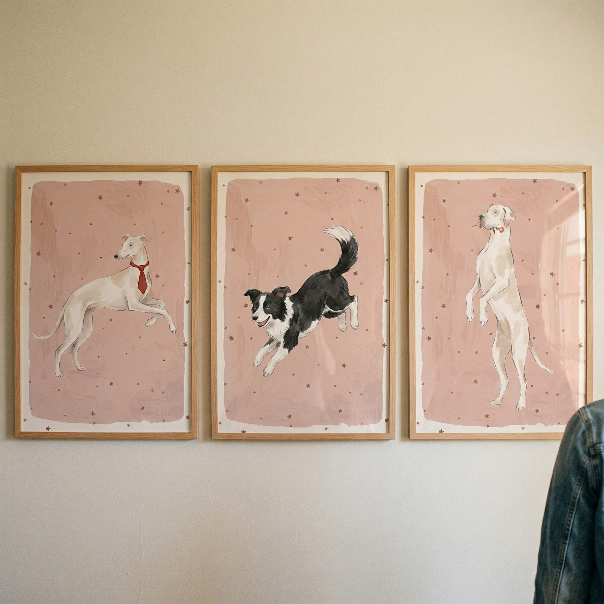 Soft Starry Pink Dog Wall Art Set of 3 - Playful Canine Stars