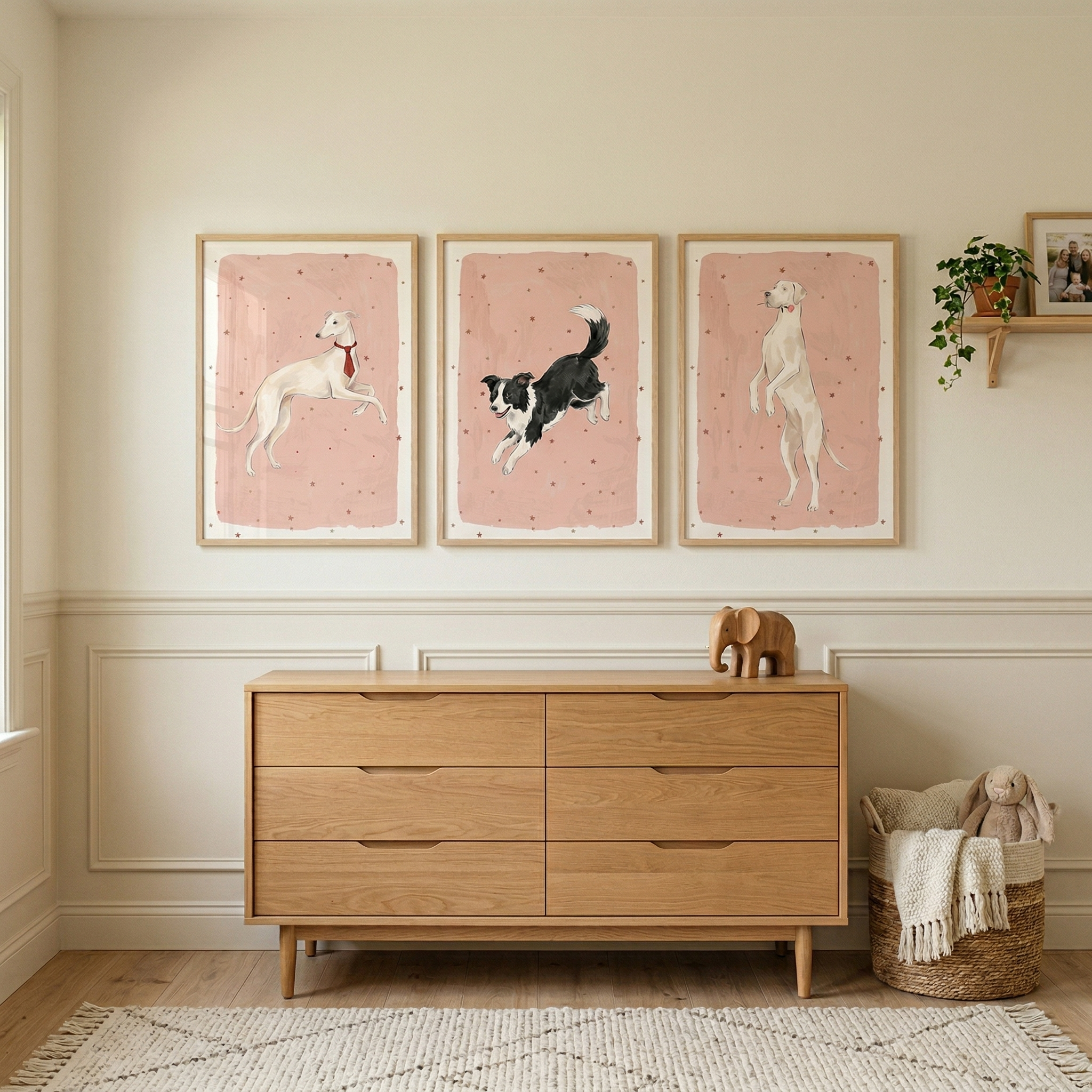 Soft Starry Pink Dog Wall Art Set of 3 - Playful Canine Stars