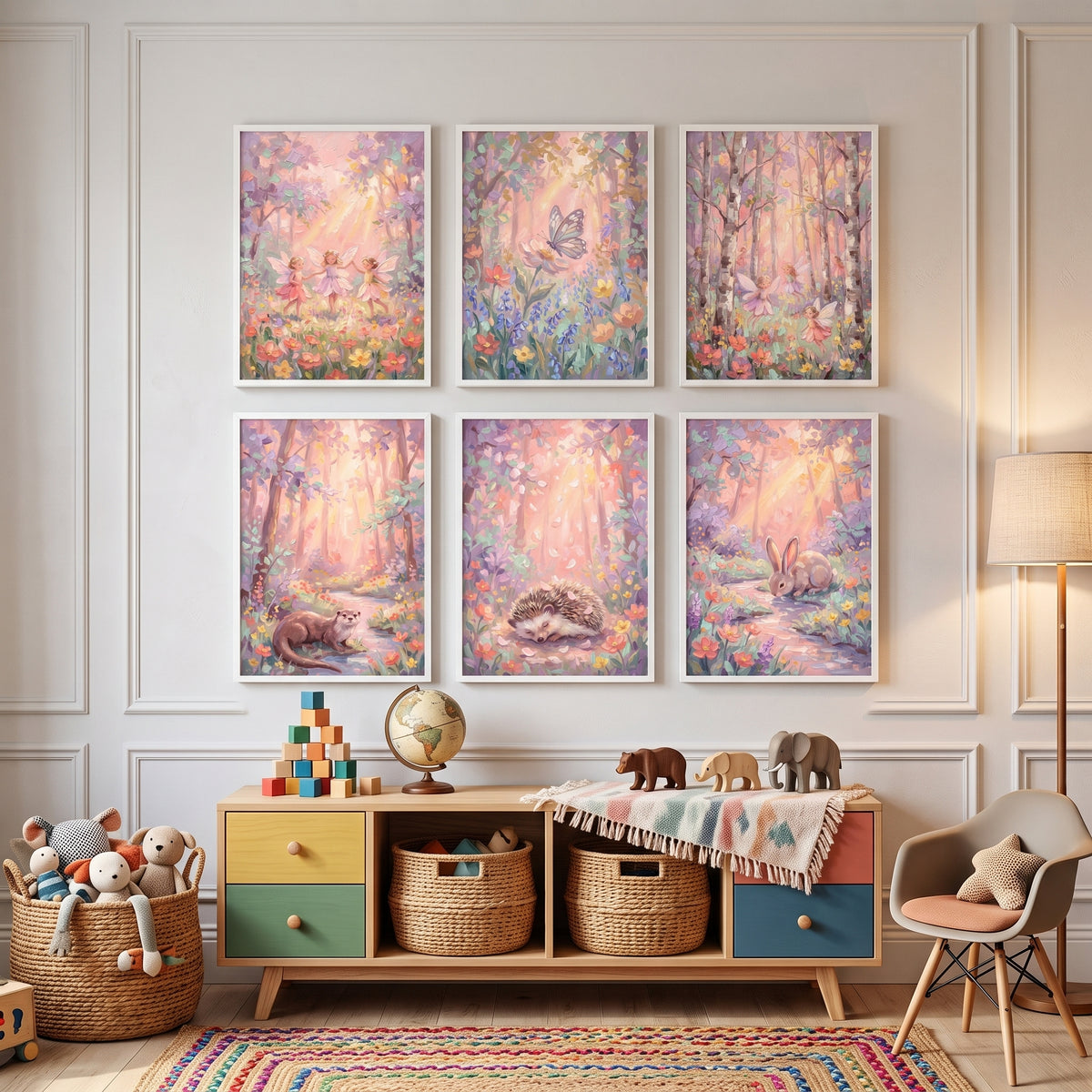 Soft Sunbeam Woodland Wall Art Set of 6 - Enchanted Pastel Woods