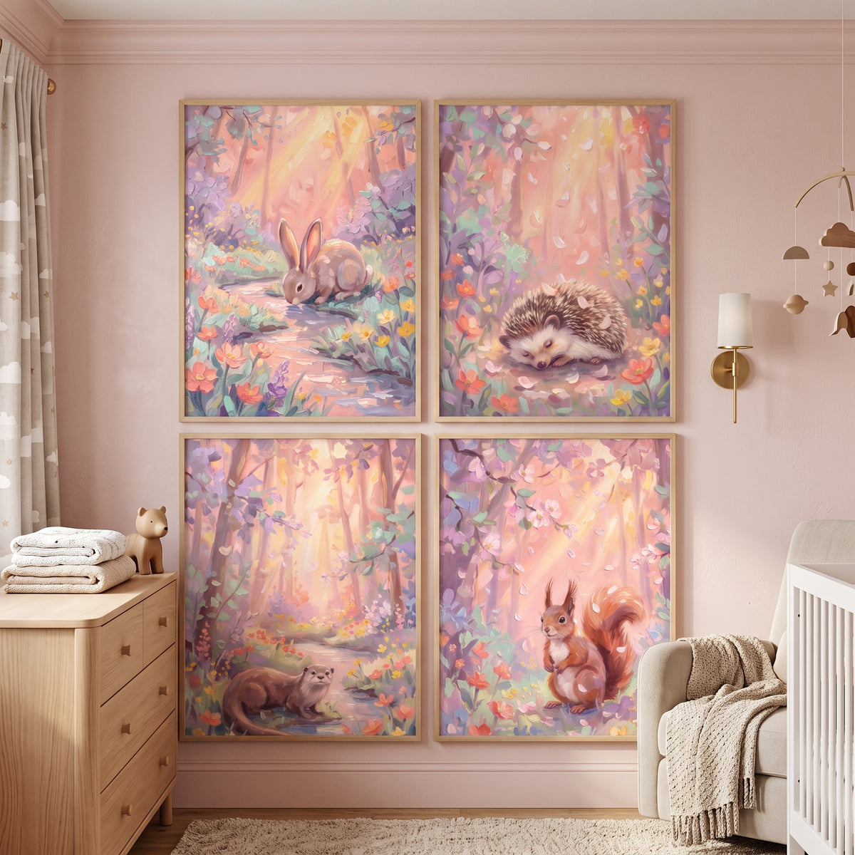 Soft Sunlit Forest Animals Wall Art Set of 4 - Sunlit Forest Friends