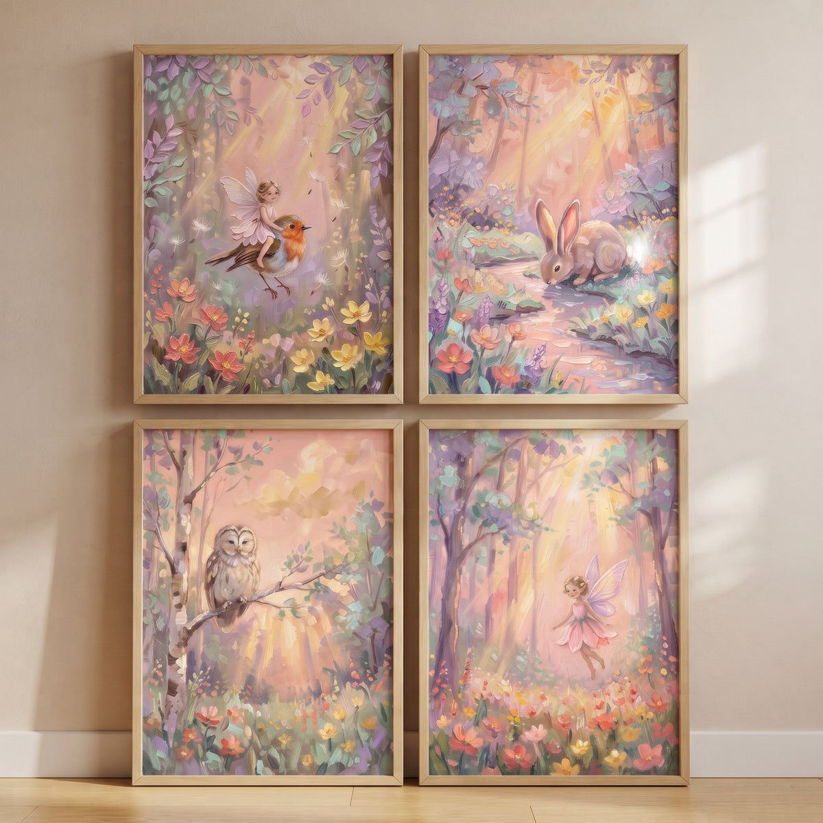 Soft Sunlit Friend Woodland Wall Art Set of 4 - Mystical Meadow Magic