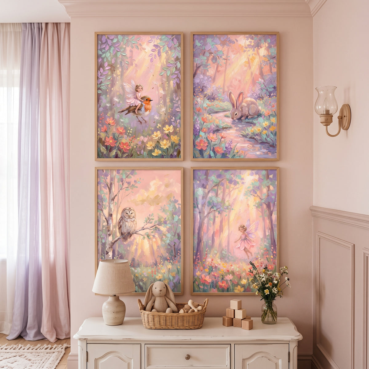 Soft Sunlit Friend Woodland Wall Art Set of 4 - Mystical Meadow Magic