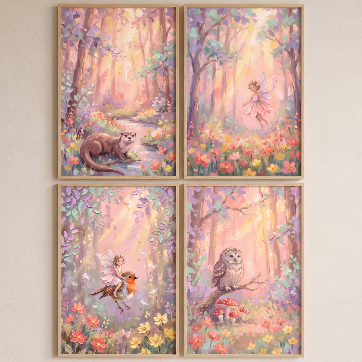 Soft sunlit magical creatures forest wall art set of 4 with an owl, otter, and fairies in a flowery pastel woodland.