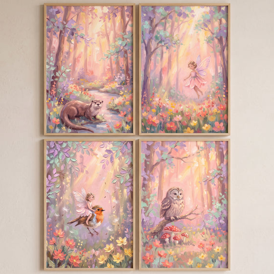 Soft sunlit magical creatures forest wall art set of 4 with an owl, otter, and fairies in a flowery pastel woodland.