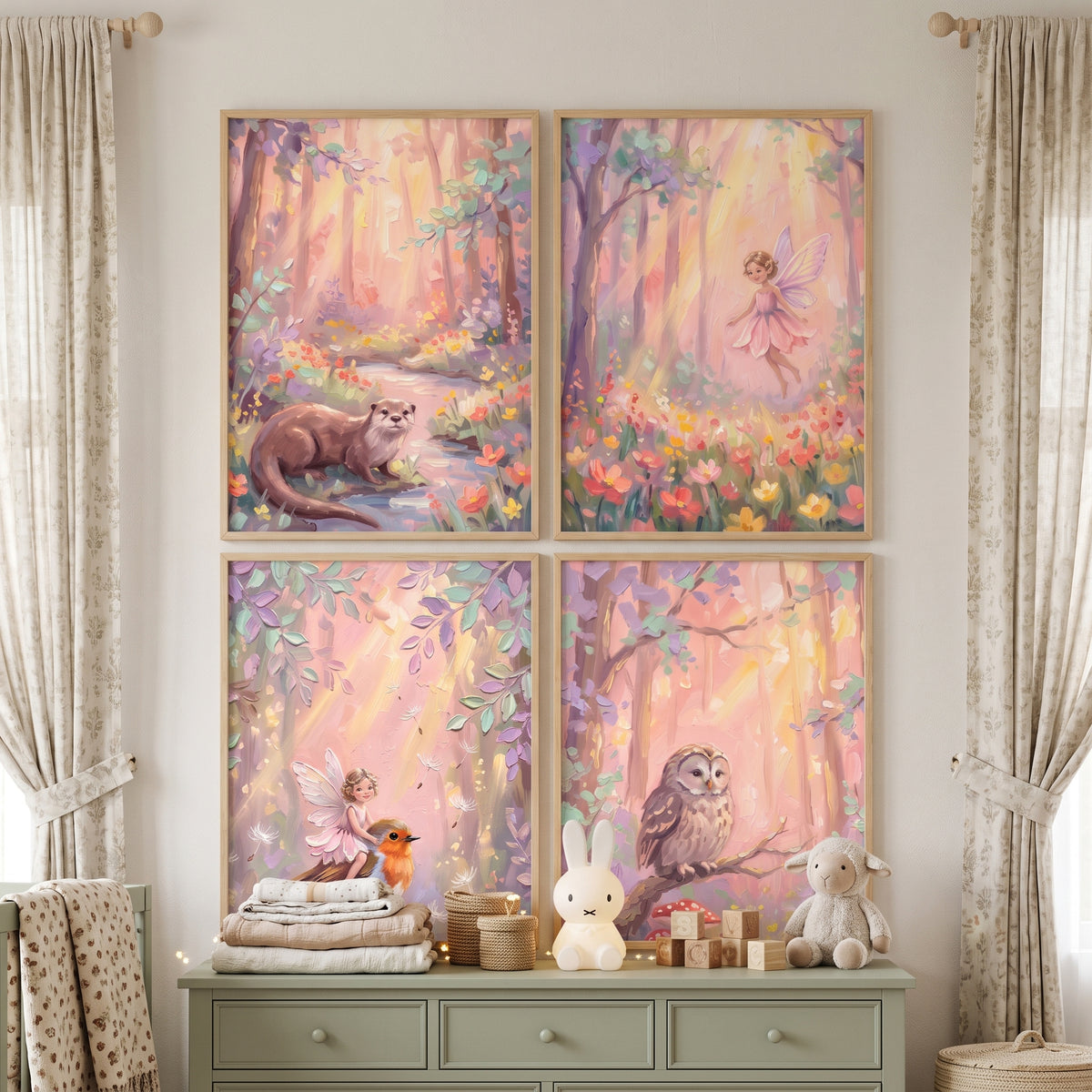 Soft Sunlit Magical Creatures Forest Wall Art Set of 4 - Fairy Glade Tales