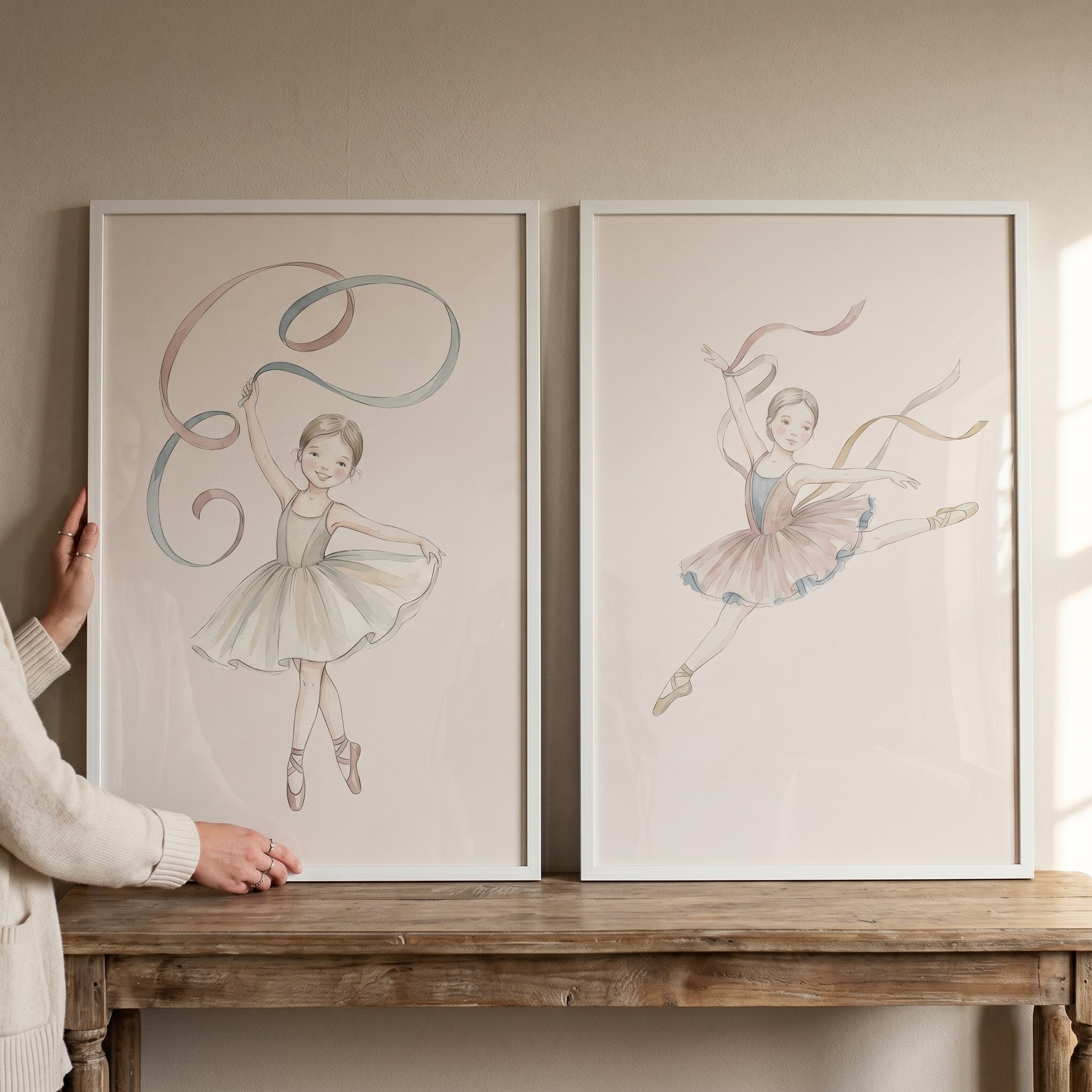 Soft Swirling Ribbon Ballerina Wall Art Set of 2 - Graceful Ribbon Dance