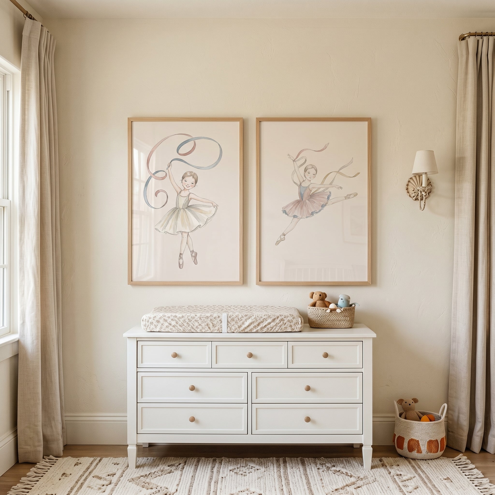 Soft Swirling Ribbon Ballerina Wall Art Set of 2 - Graceful Ribbon Dance