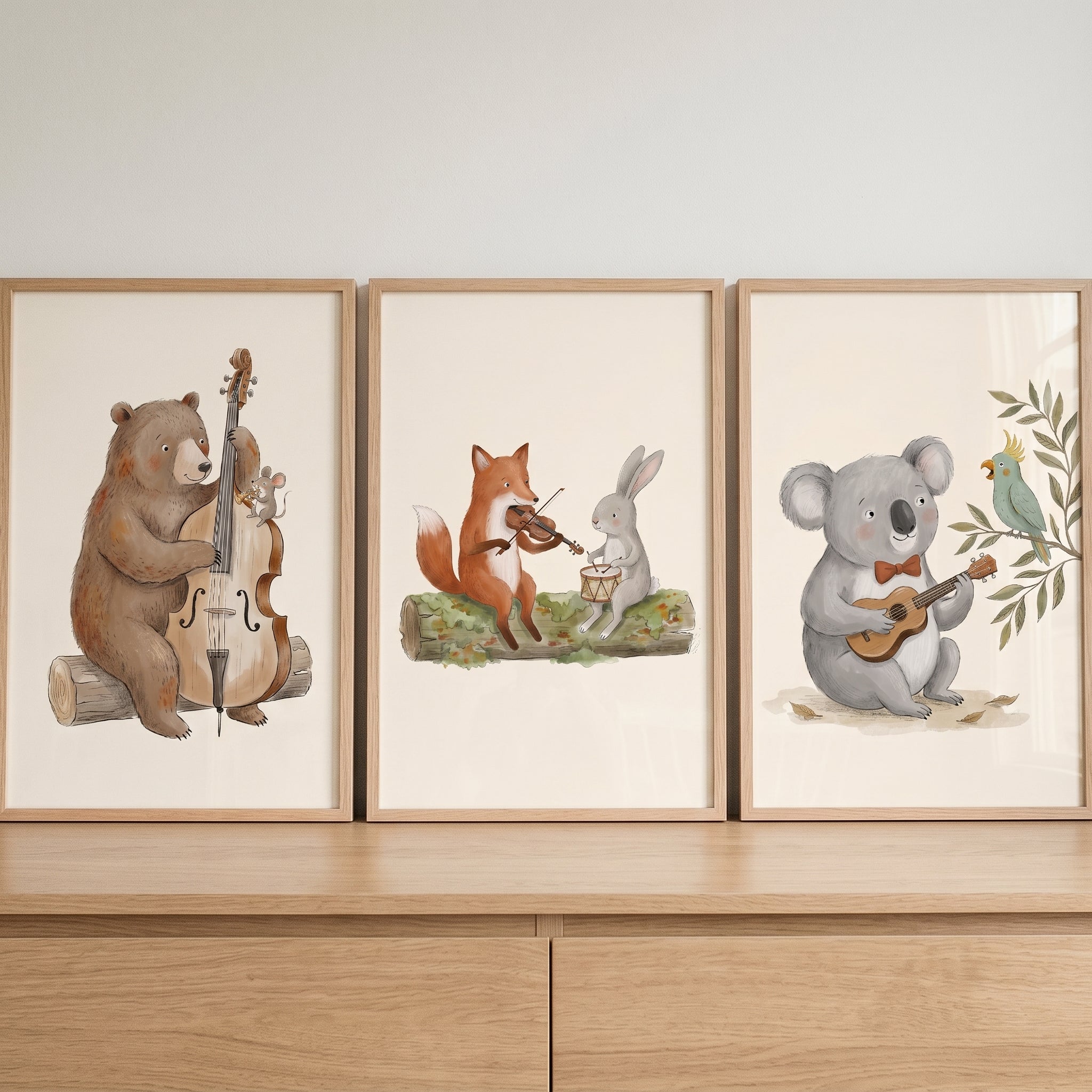 Soft Taupe Musical Animals Wall Art Set Of 3 - Forest Animal Band