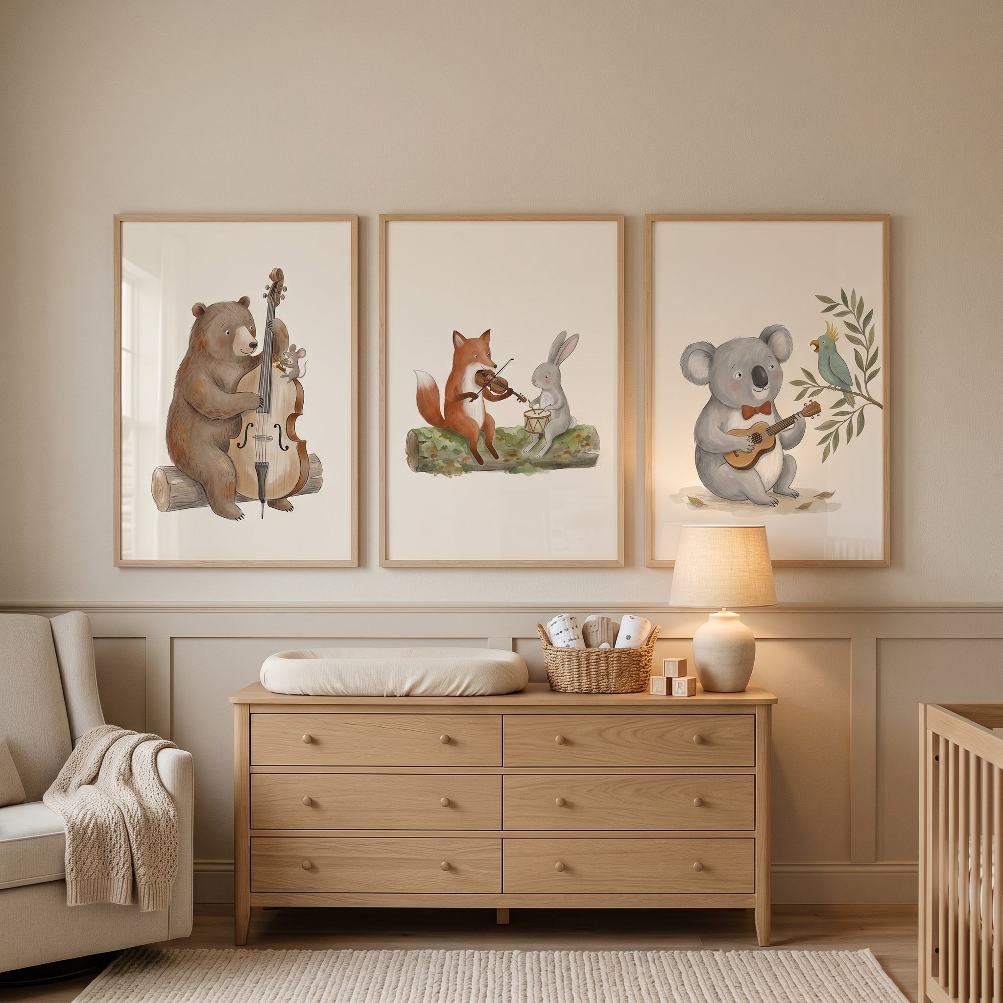 Soft Taupe Musical Animals Wall Art Set Of 3 - Forest Animal Band