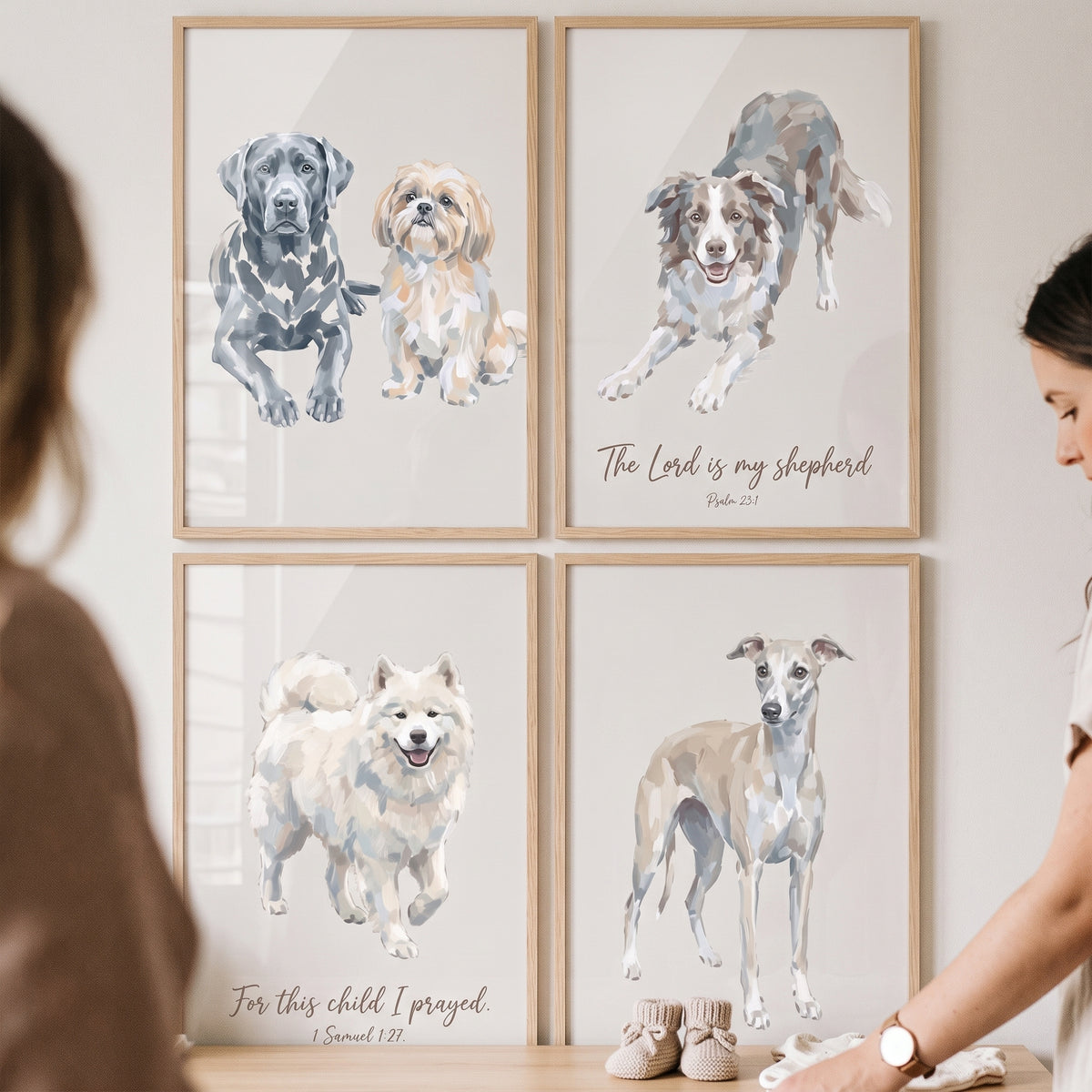 Dogs Wall Art, Set of 4, Christian Nursery, Scripture Wall Art, Bible Verse Prints, Psalm 23 Art, 1 Samuel 1 27, Dog Lover Gift, Taupe Nursery Decor, Neutral Dog Art, Textured Dog Print, Puppy Wall Decor, Religious Dog Art