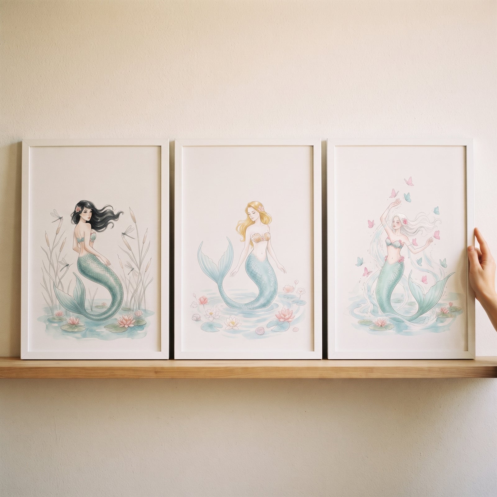 Soft teal tail mermaid wall art set of 3 framed watercolor illustrations on a wooden shelf.