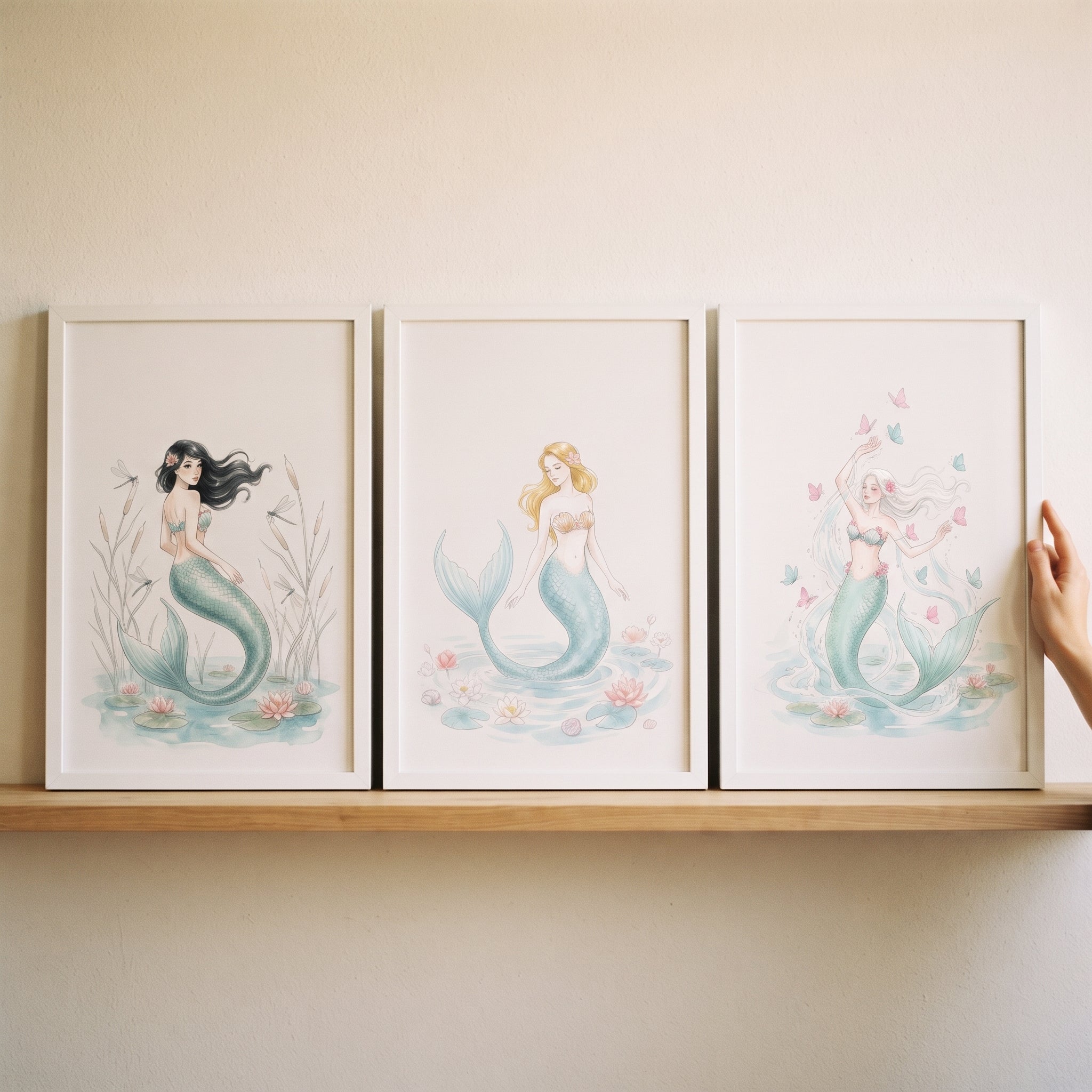Soft Teal Tail Mermaid Wall Art Set of 3 - Mystical Ocean Sisters