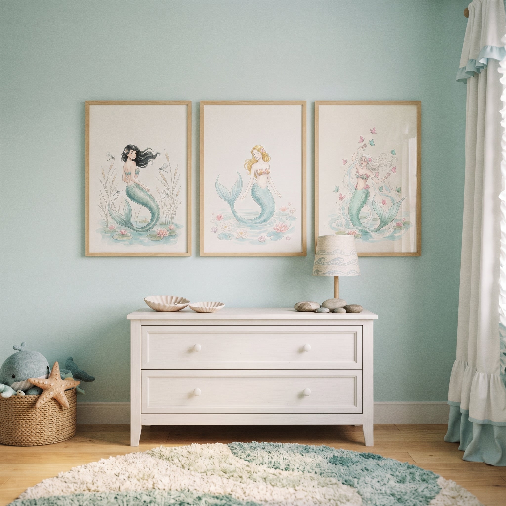 Soft Teal Tail Mermaid Wall Art Set of 3 - Mystical Ocean Sisters