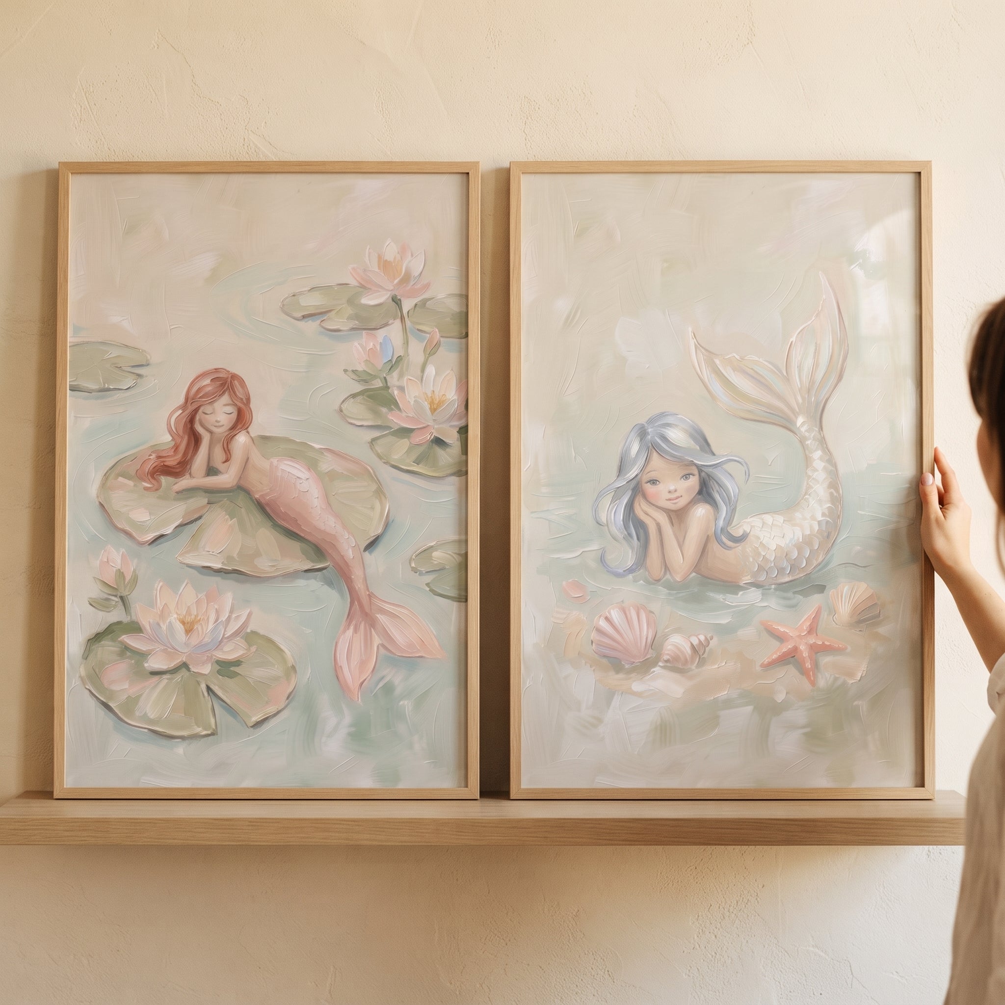 Soft Textured Dreamy Mermaid Wall Art Set of 2 - Whimsical Water Spirits