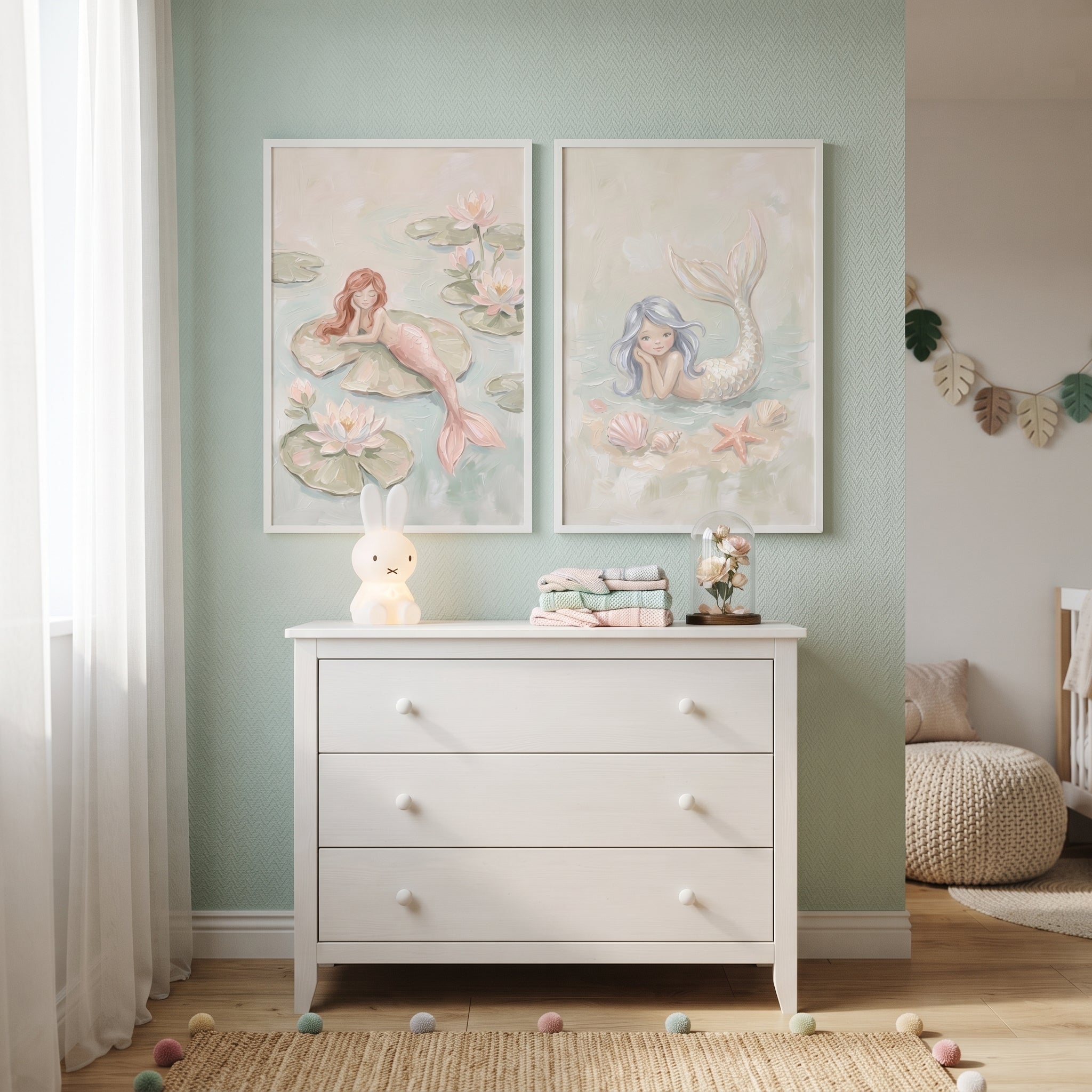 Soft Textured Dreamy Mermaid Wall Art Set of 2 - Whimsical Water Spirits