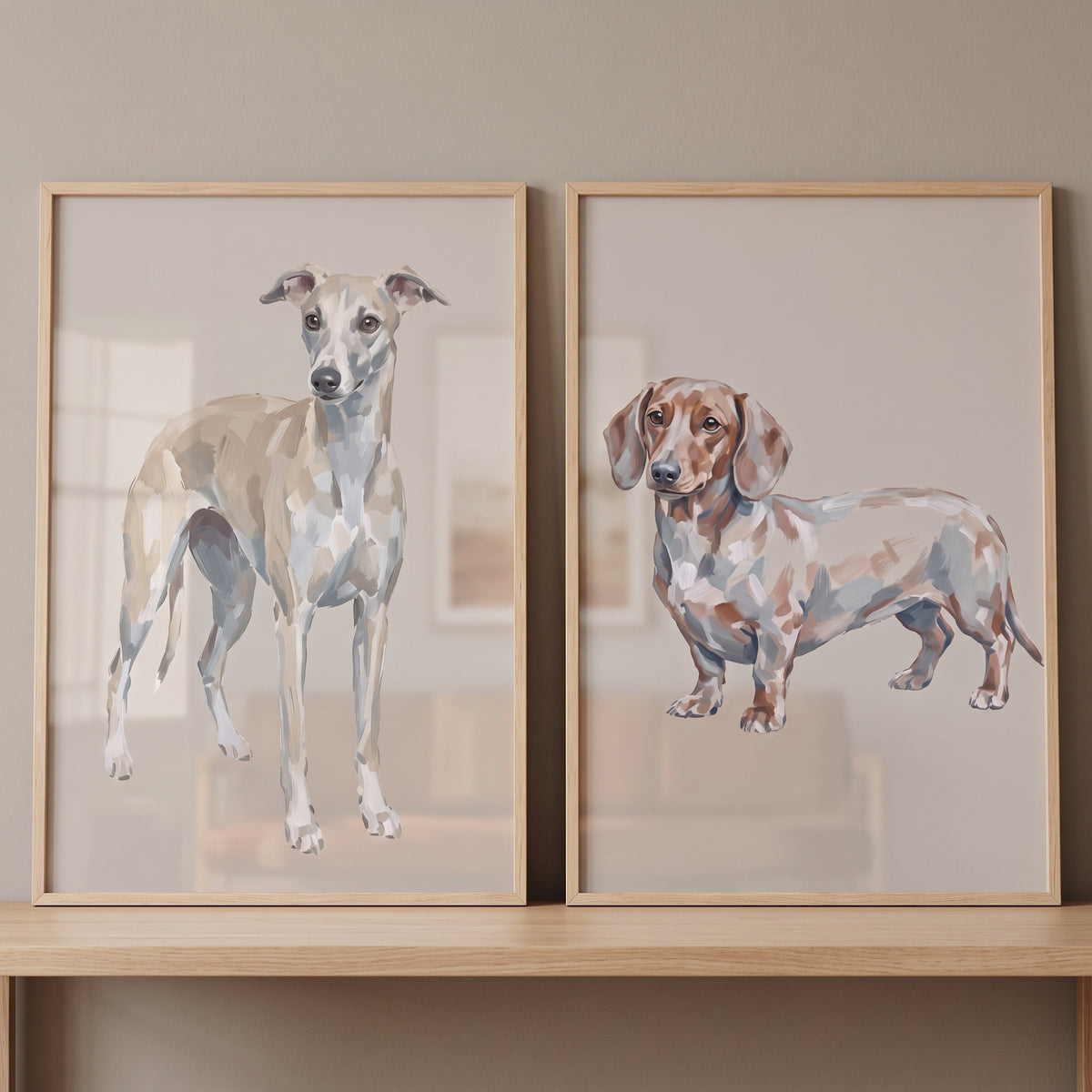 Soft textured pet dog wall art set of 2 featuring a greyhound and a dachshund in light wood frames on a shelf.