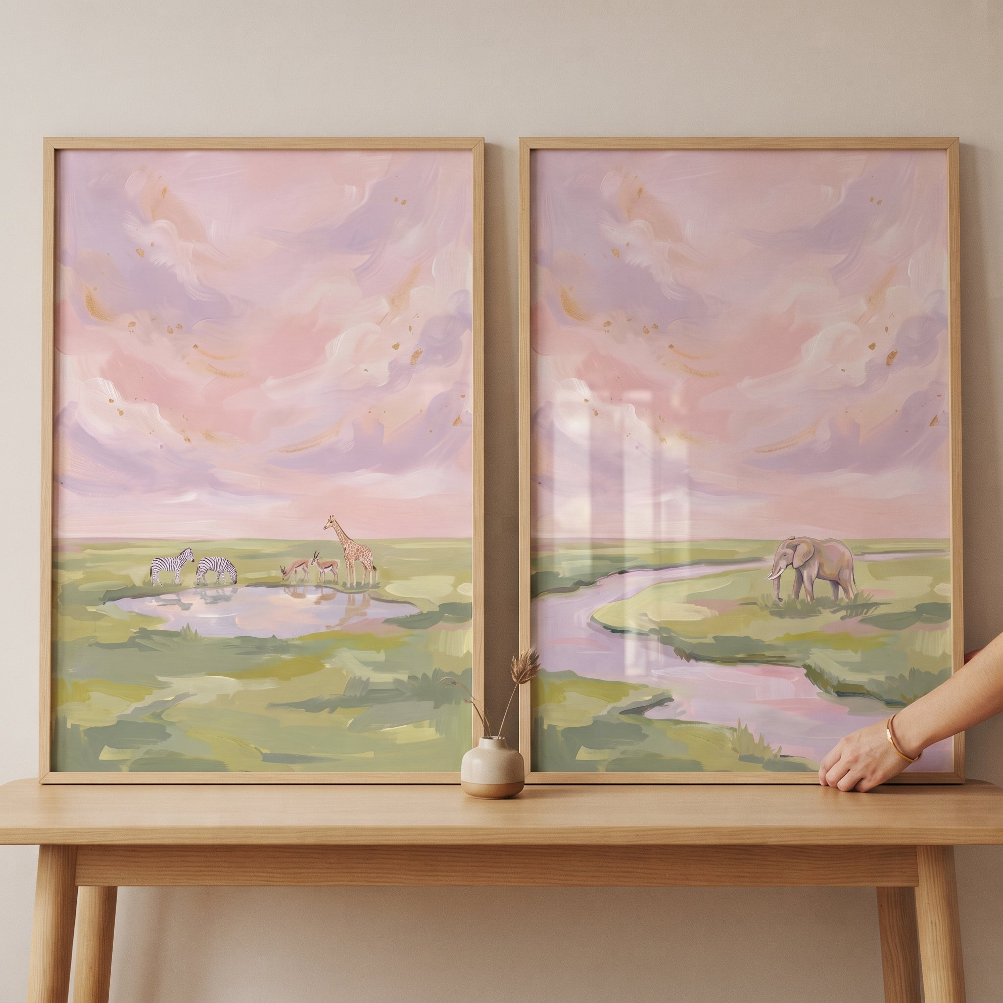 Soft Textured Safari Animals Wall Art Set of 2 - Pastel Safari Sunset