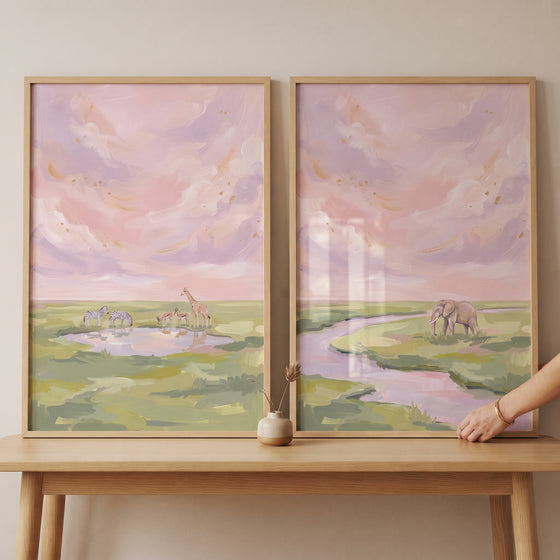 Soft textured safari animals wall art set of 2 shows an elephant and giraffe in a pastel pink savanna landscape.