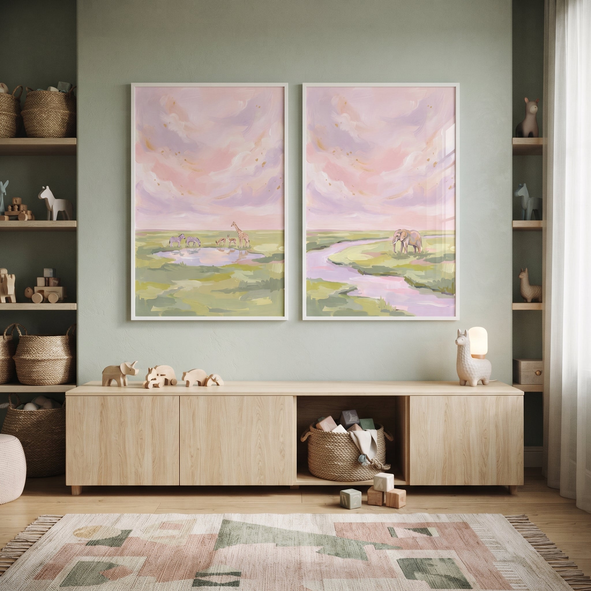 Soft Textured Safari Animals Wall Art Set of 2 - Pastel Safari Sunset