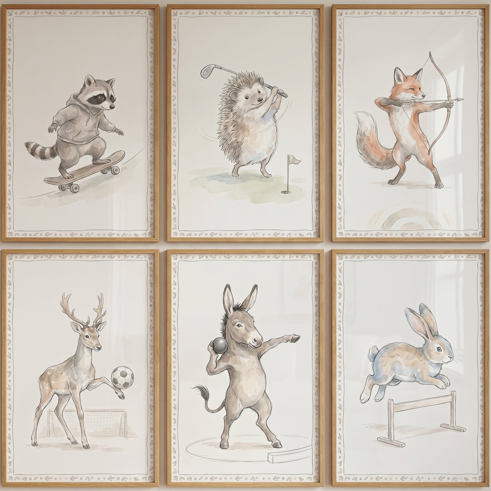 Soft tones sporting animals wall art set of 6 depicting a raccoon, hedgehog, fox, deer, donkey, and rabbit playing sports.