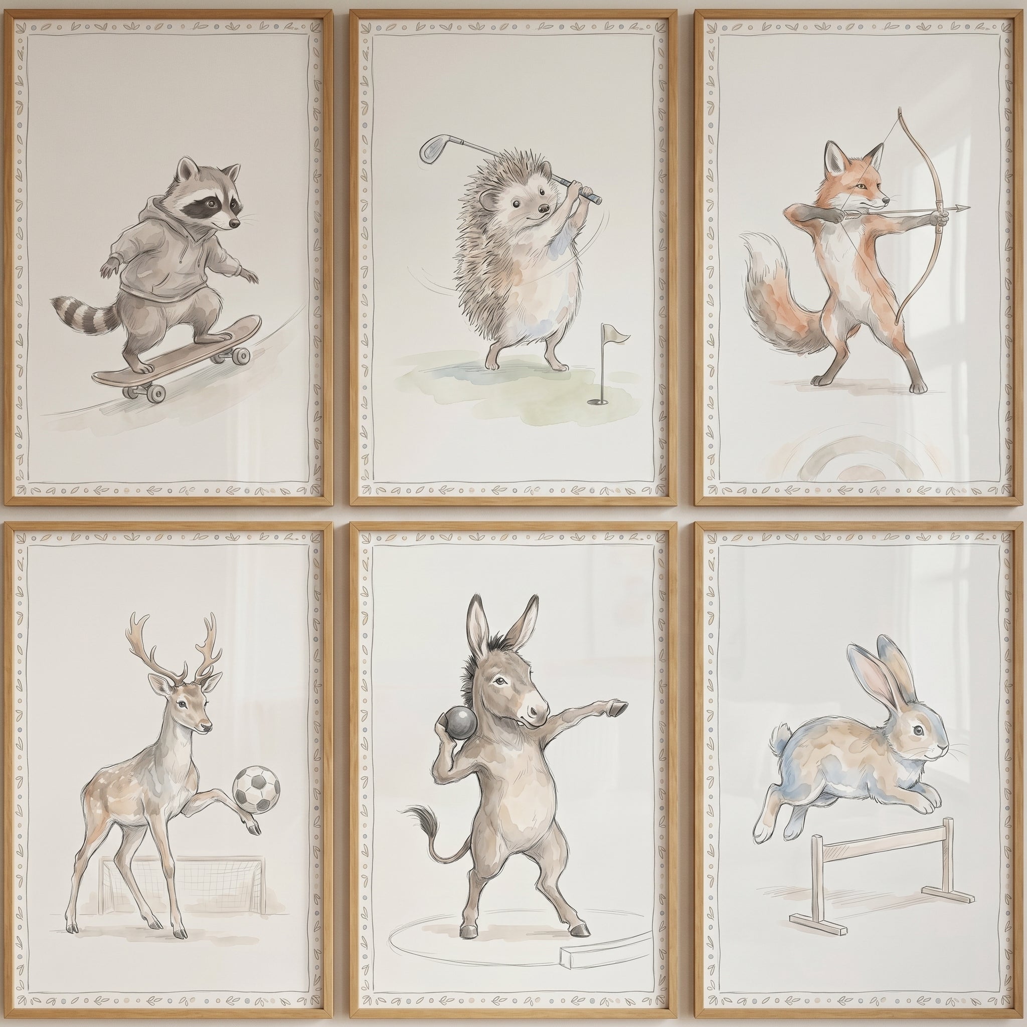 Soft Tones Sporting Animals Wall Art Set of 6 - Whimsical Forest Games