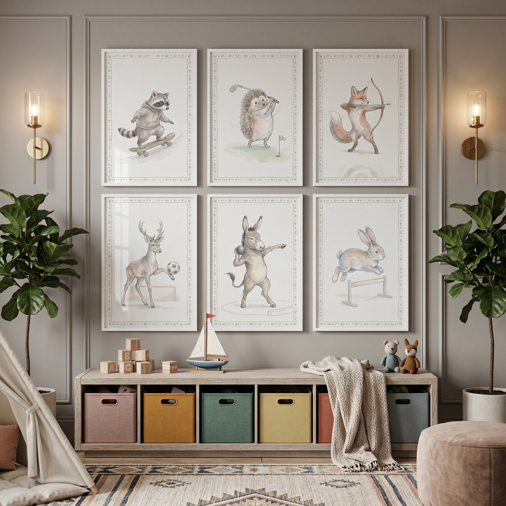 Soft Tones Sporting Animals Wall Art Set of 6 - Whimsical Forest Games