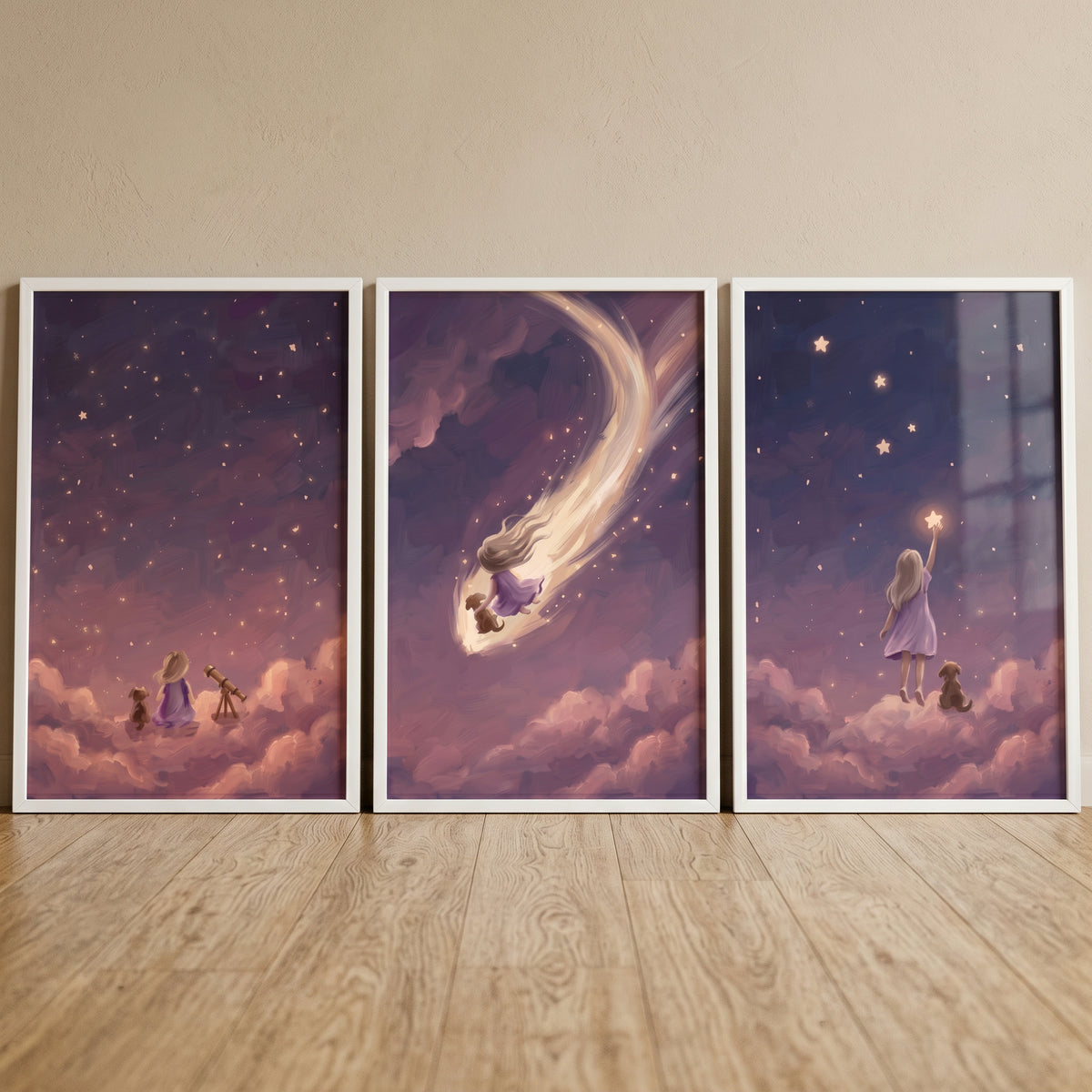 Soft violet girl dog wall art set of 3 features a girl and puppy on clouds among stars and a comet in a purple night sky.