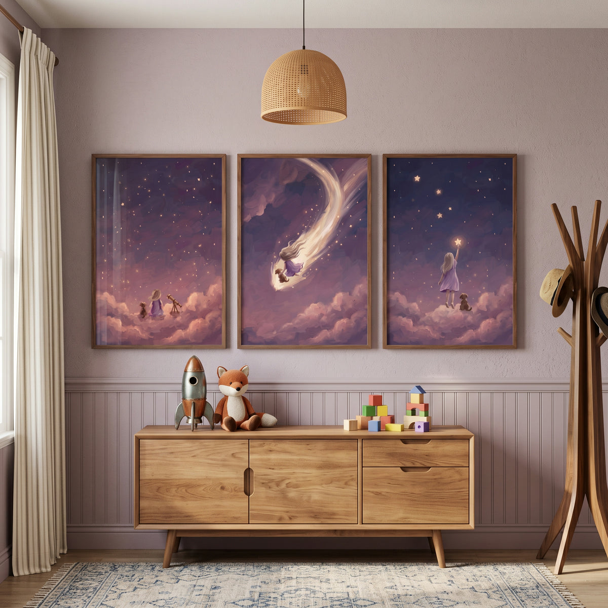 Soft Violet Girl Dog Wall Art Set of 3 - Celestial Star Chaser