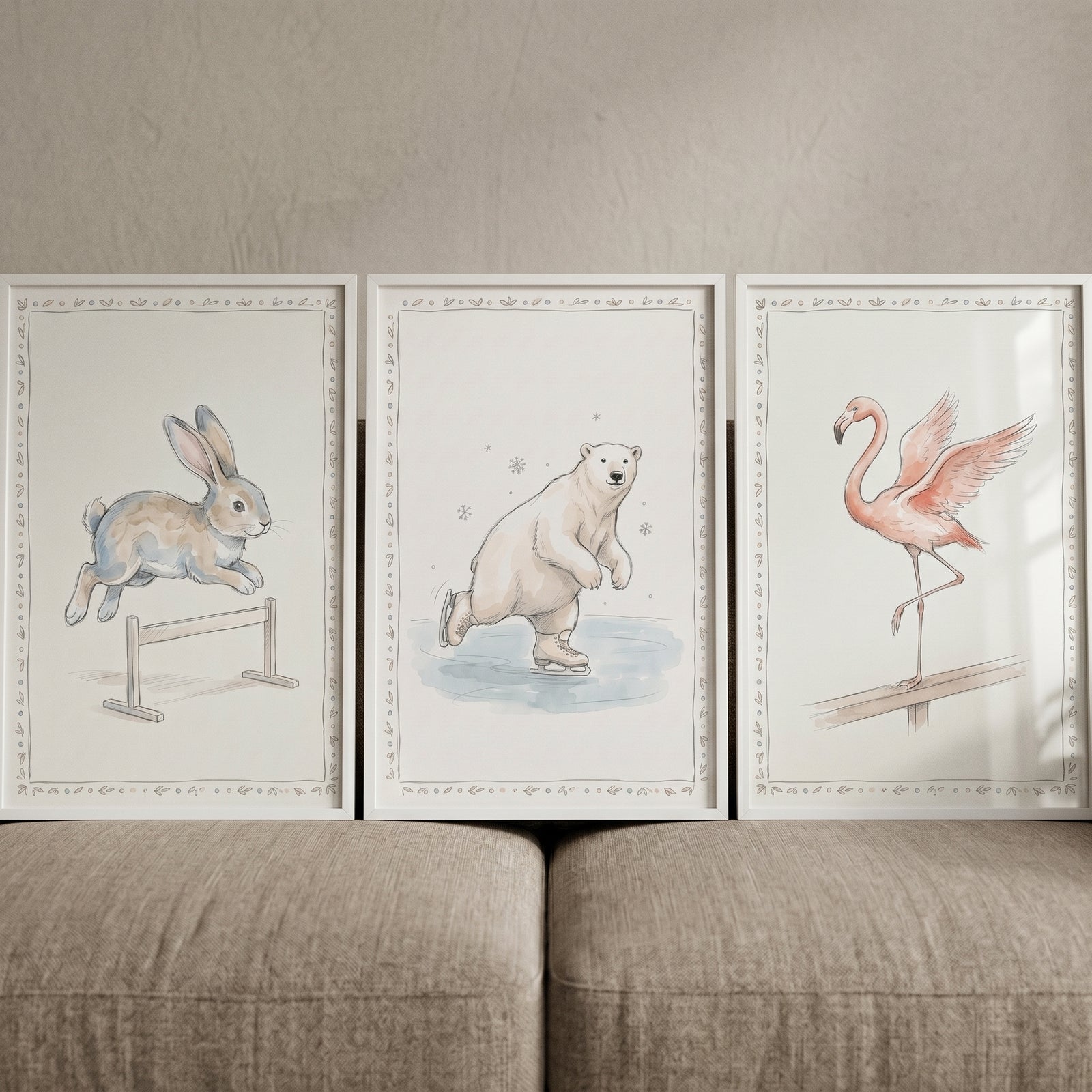 Soft wash athletic animal wall art set of 3 with a jumping rabbit, skating polar bear, and a flamingo on a balance beam.