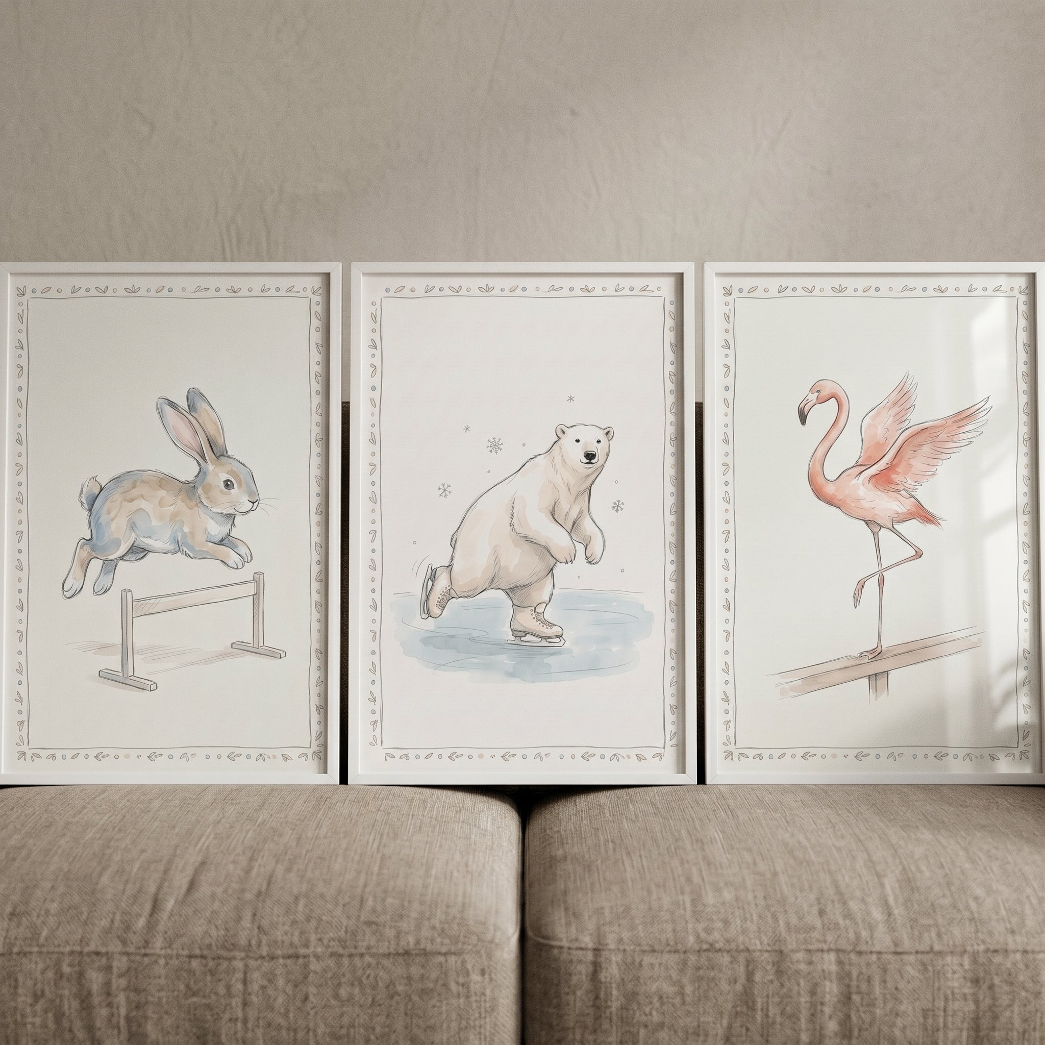 Soft Wash Athletic Animal Wall Art Set of 3 - Charming Sports Trio