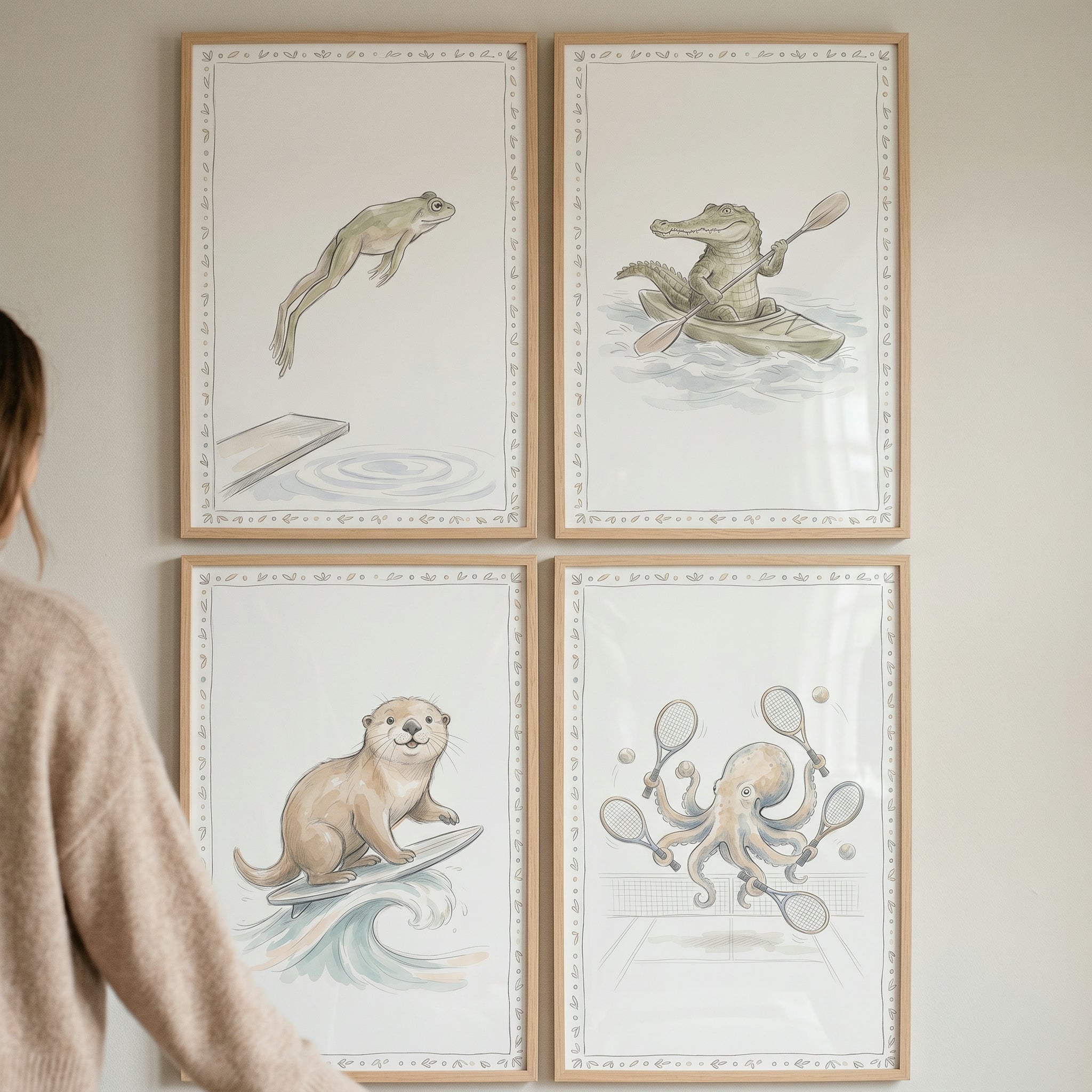 Soft Wash Sporting Animals Wall Art Set of 4 - Whimsical Water Athletes