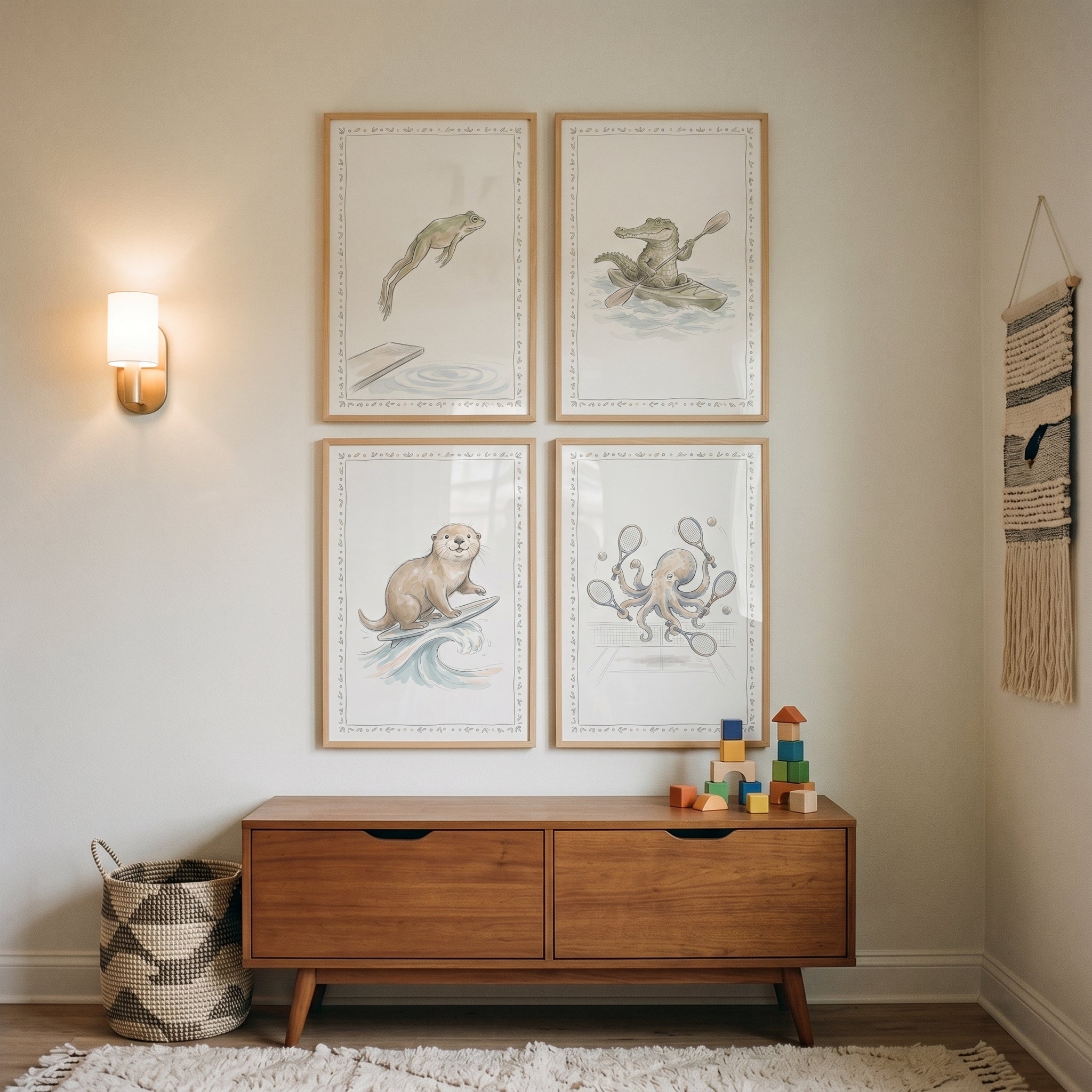 Soft Wash Sporting Animals Wall Art Set of 4 - Whimsical Water Athletes
