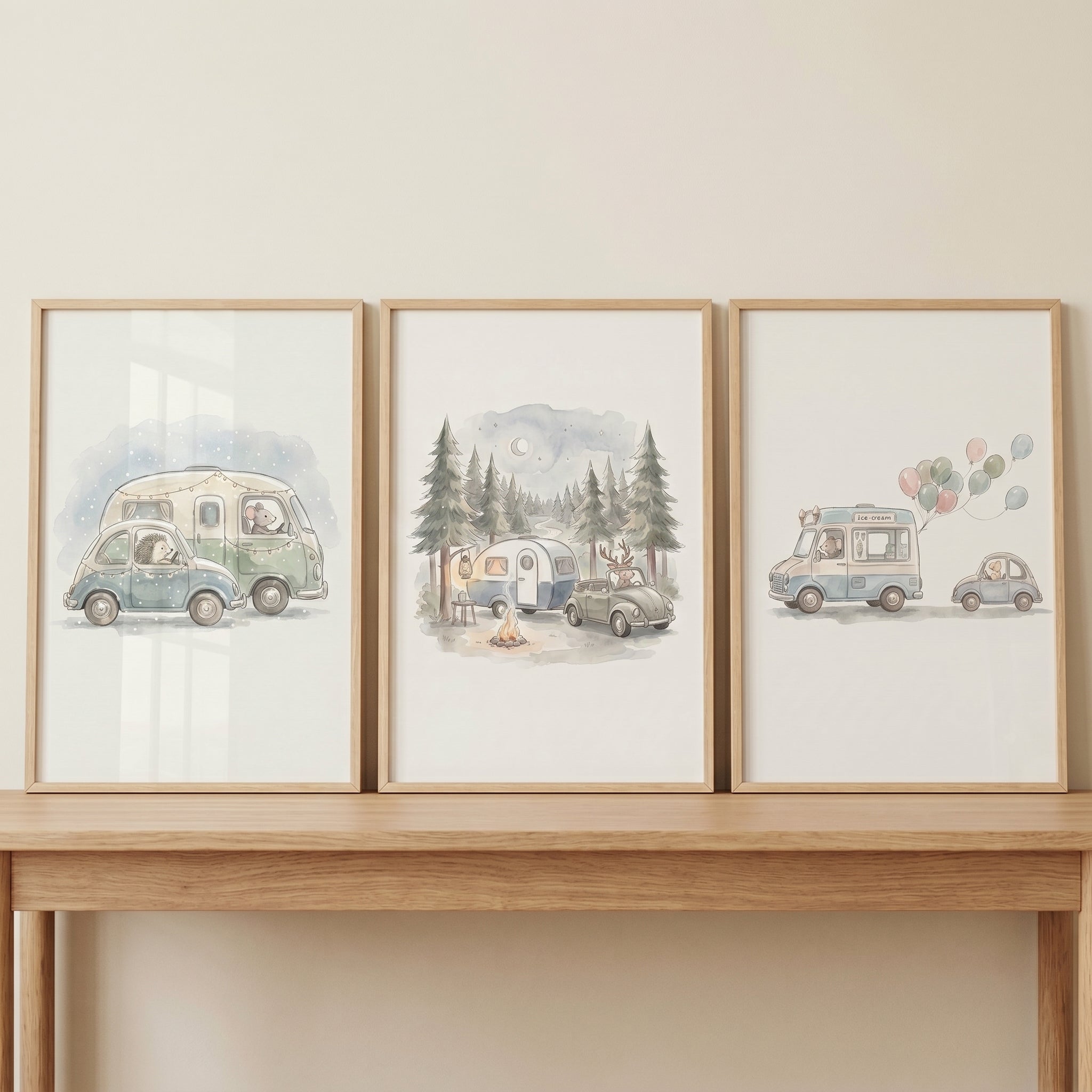 Soft Watercolor Adventuring Animals Wall Art Set of 3 - Cozy Caravan Adventure