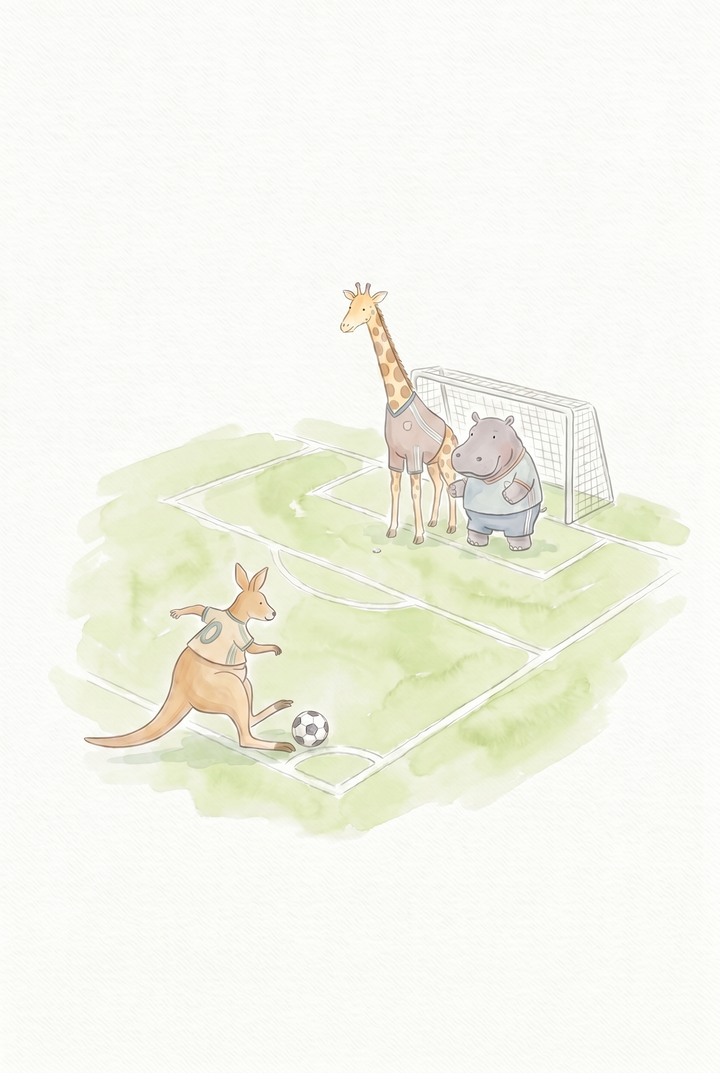 A kangaroo kicks a soccer ball toward a giraffe and hippo in this soft watercolor animals wall art.