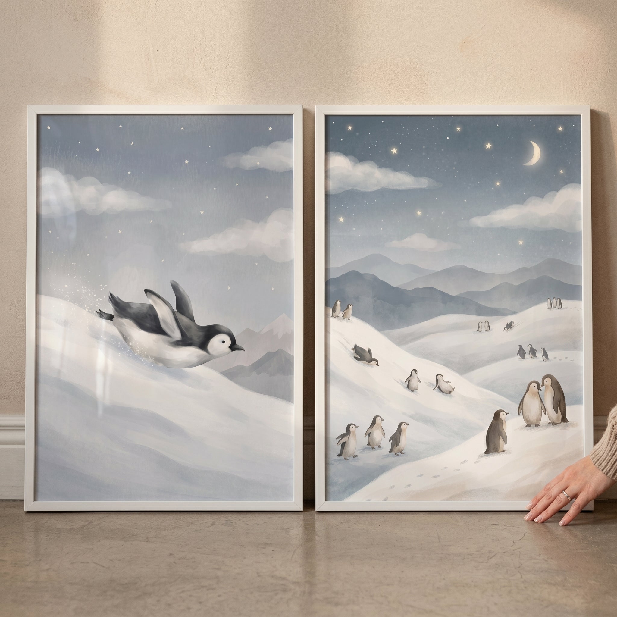 Soft Watercolor Arctic Penguin Wall Art Set of 2 - Moonlit Penguin Slide