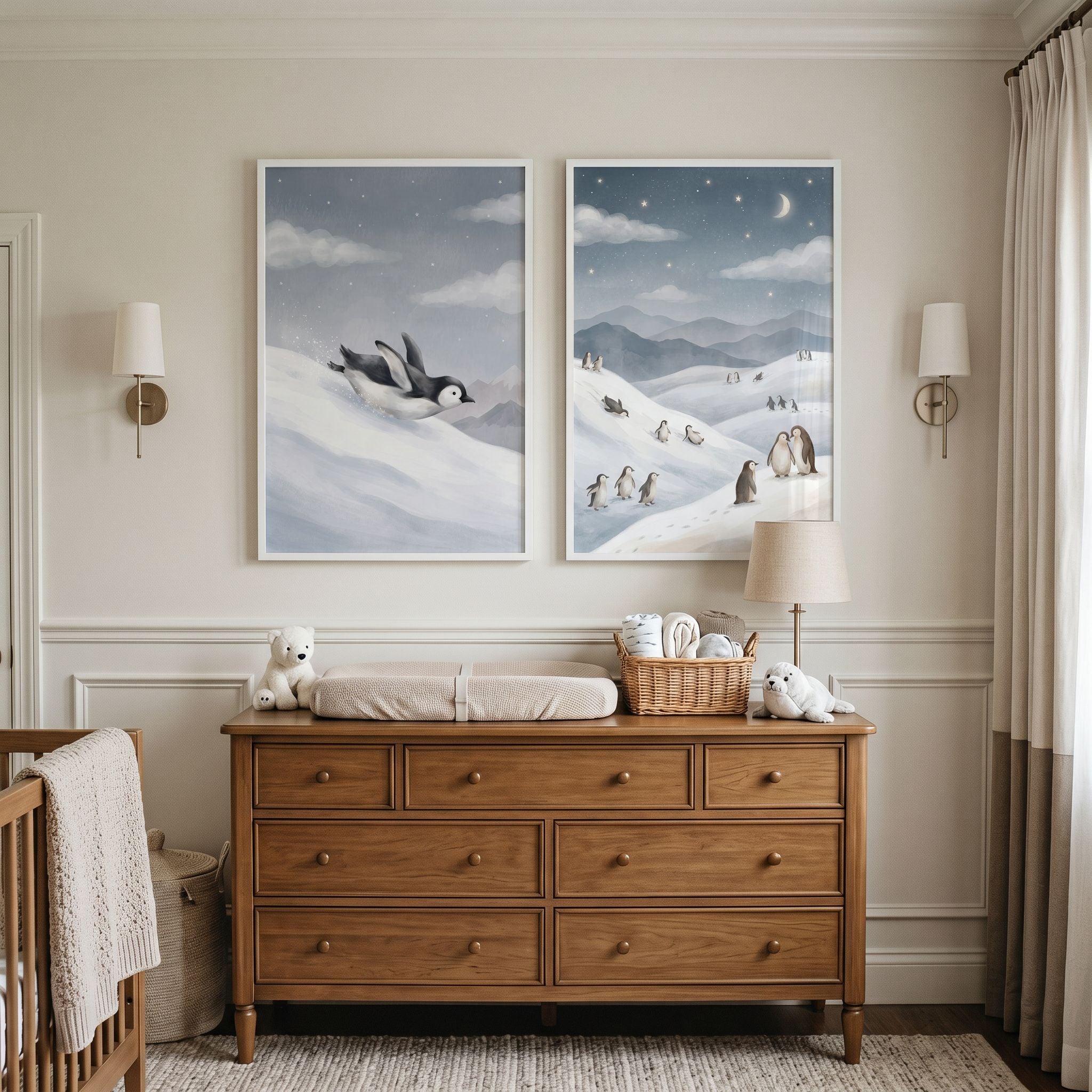 Soft Watercolor Arctic Penguin Wall Art Set of 2 - Moonlit Penguin Slide