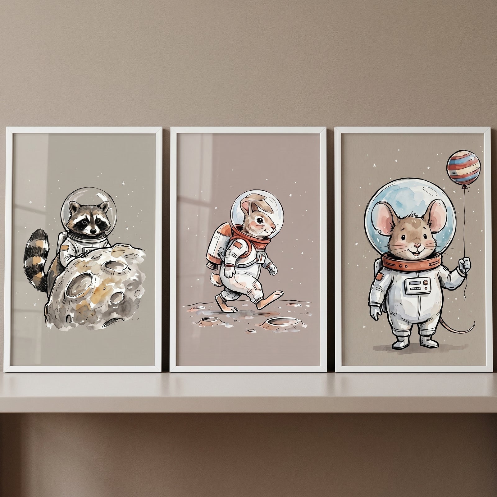 Soft watercolor astronaut animal wall art set of 3 with a raccoon, rabbit, and mouse in space suits.