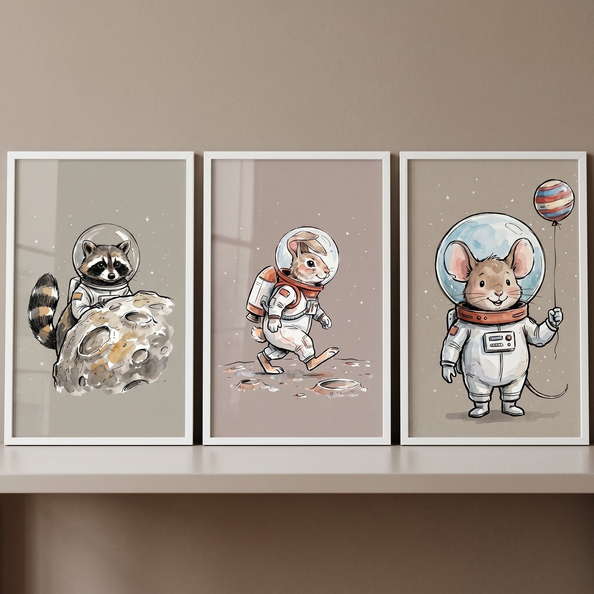 Soft Watercolor Astronaut Animal Wall Art Set of 3 - Little Moon Explorers